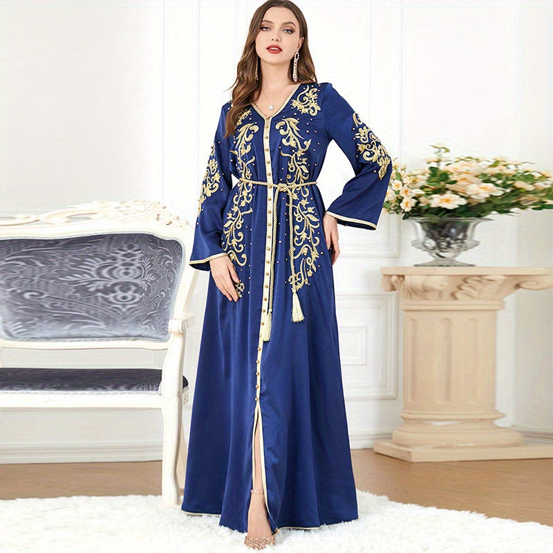 Plants Print V-neck Slit Kaftan Abaya, Long Sleeve Dress, Women's Clothing