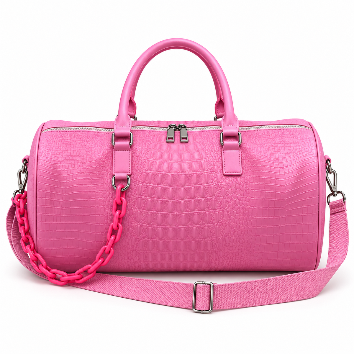 Pink Crocodile Embossed Leather Duffel Bag