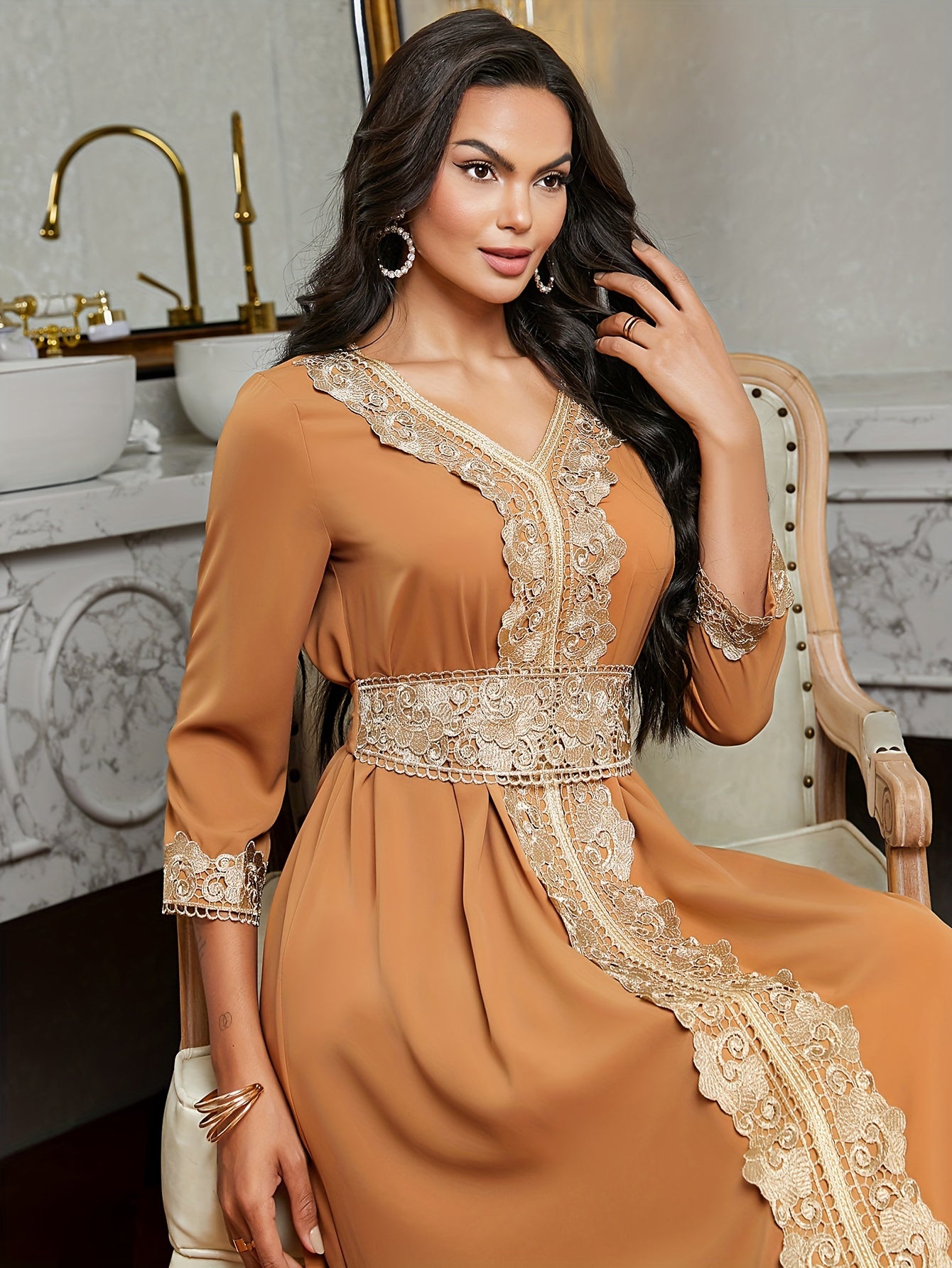 Elegant Golden Contrast Lace Detail Maxi Palestinian Abaya - V-Neck, Long Sleeve, Polyester, Formal or Evening Wear for Women, Formal Occasion Attire | Lace Detailing | Polyester Fabric