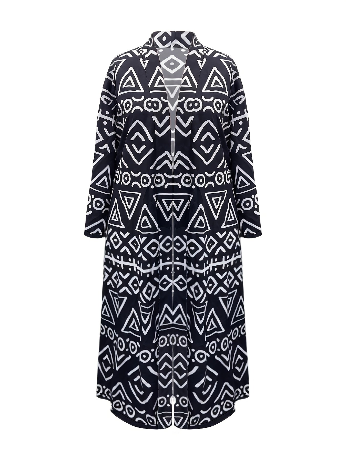 Chic Plus Size Open Front Kimono Abaya Cardigan - Casual & Versatile, Machine Washable, Polyester Blend with Elastane, Elegant Print Design