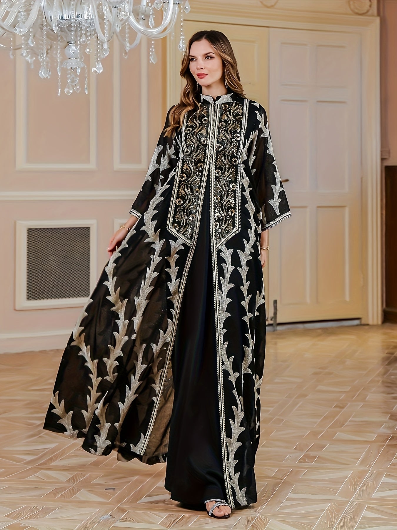 New Sequin Abaya Dress, Middle Eastern High-end Elegant Pure Muslim Two-piece Set, Fashionable and Comfortable Design, Suitable for Daily Wear, INS Middle Muslim Embroidered Long Robe Abaya Light Luxury Evening Dress Two-piece Set