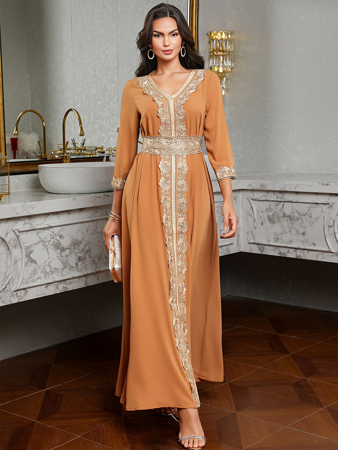 Elegant Golden Contrast Lace Detail Maxi Palestinian Abaya - V-Neck, Long Sleeve, Polyester, Formal or Evening Wear for Women, Formal Occasion Attire | Lace Detailing | Polyester Fabric