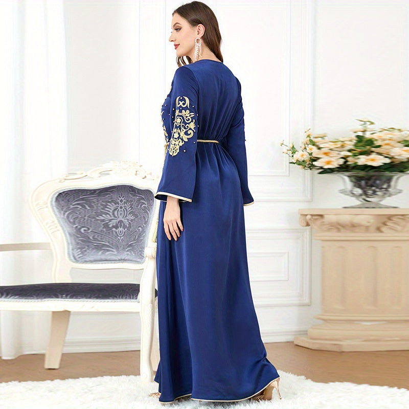 Plants Print V-neck Slit Kaftan Abaya, Long Sleeve Dress, Women's Clothing