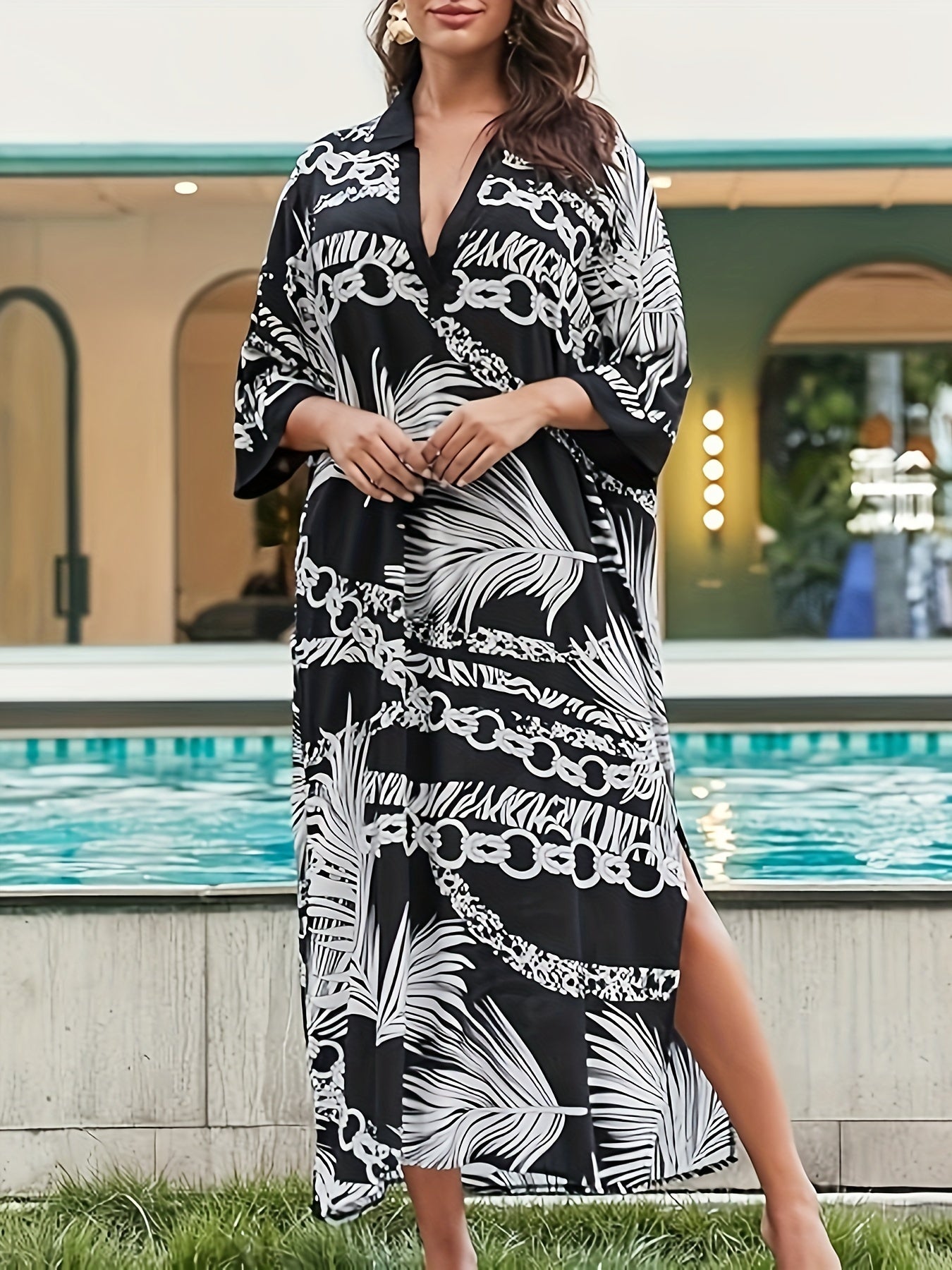 Women's Plus Size Viscose Kaftan Dress - Casual V-Neck Long Sleeve Midi Beach Coverup with Natural Print, Non-Stretch Woven Fabric, Pullover Style for Weekend Casual Fall Occasions, Autumn Layering Piece | Print Dress | Soft