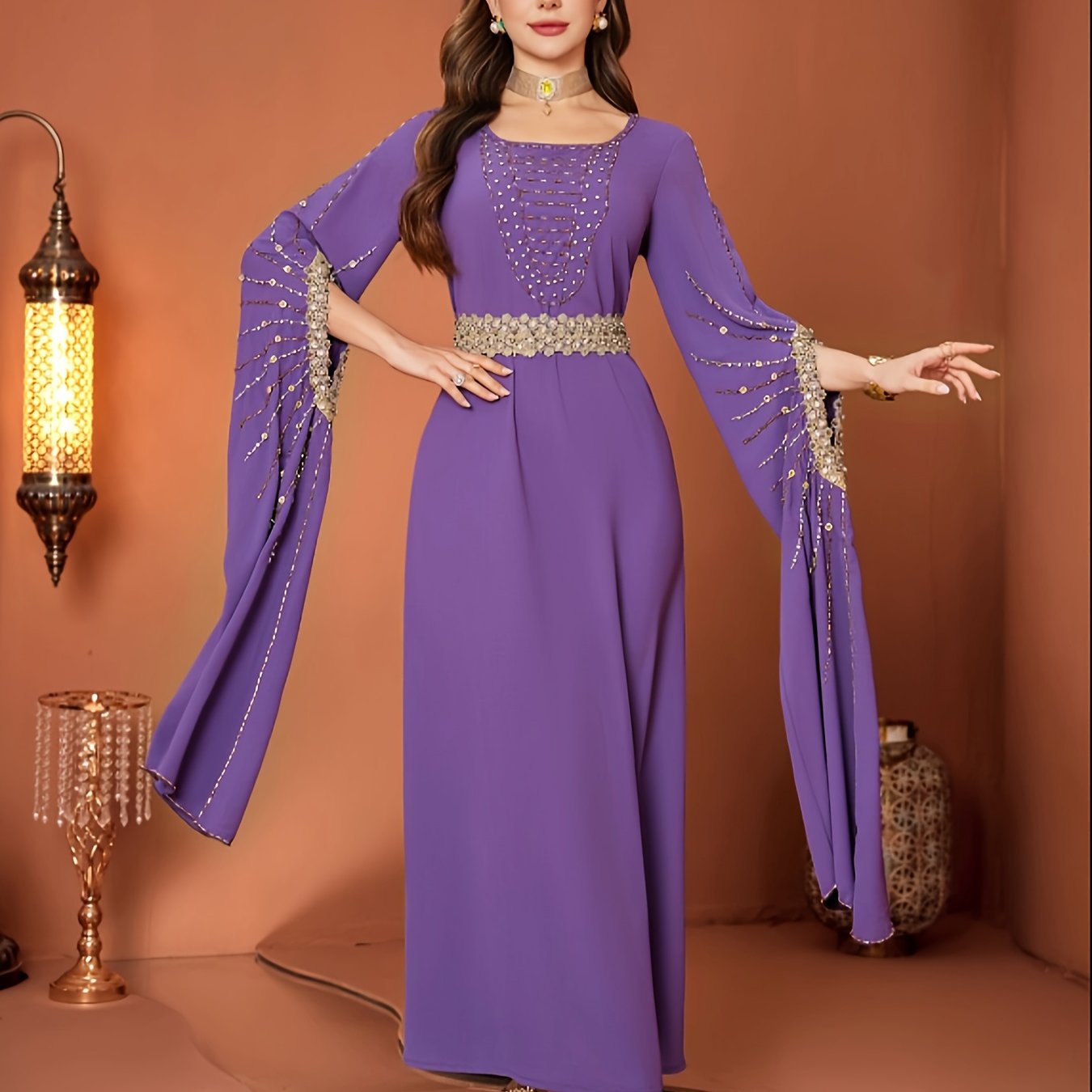 4006 Women's Loose-Fit Middle Eastern Modern Abaya Dress - Long Sleeve with Slit & Sequin Details, 100% Polyester Lightweight Spring/Summer Casual Elegant Dress for Modest Fashion