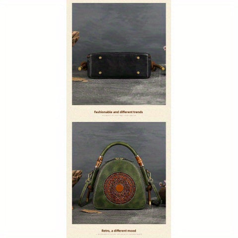 Genuine Leather Women's Crossbody Bag - Retro Chinese-Style Embossed Design, Adjustable Shoulder Strap, Zipper Closure, Top-Grain Cowhide Shell