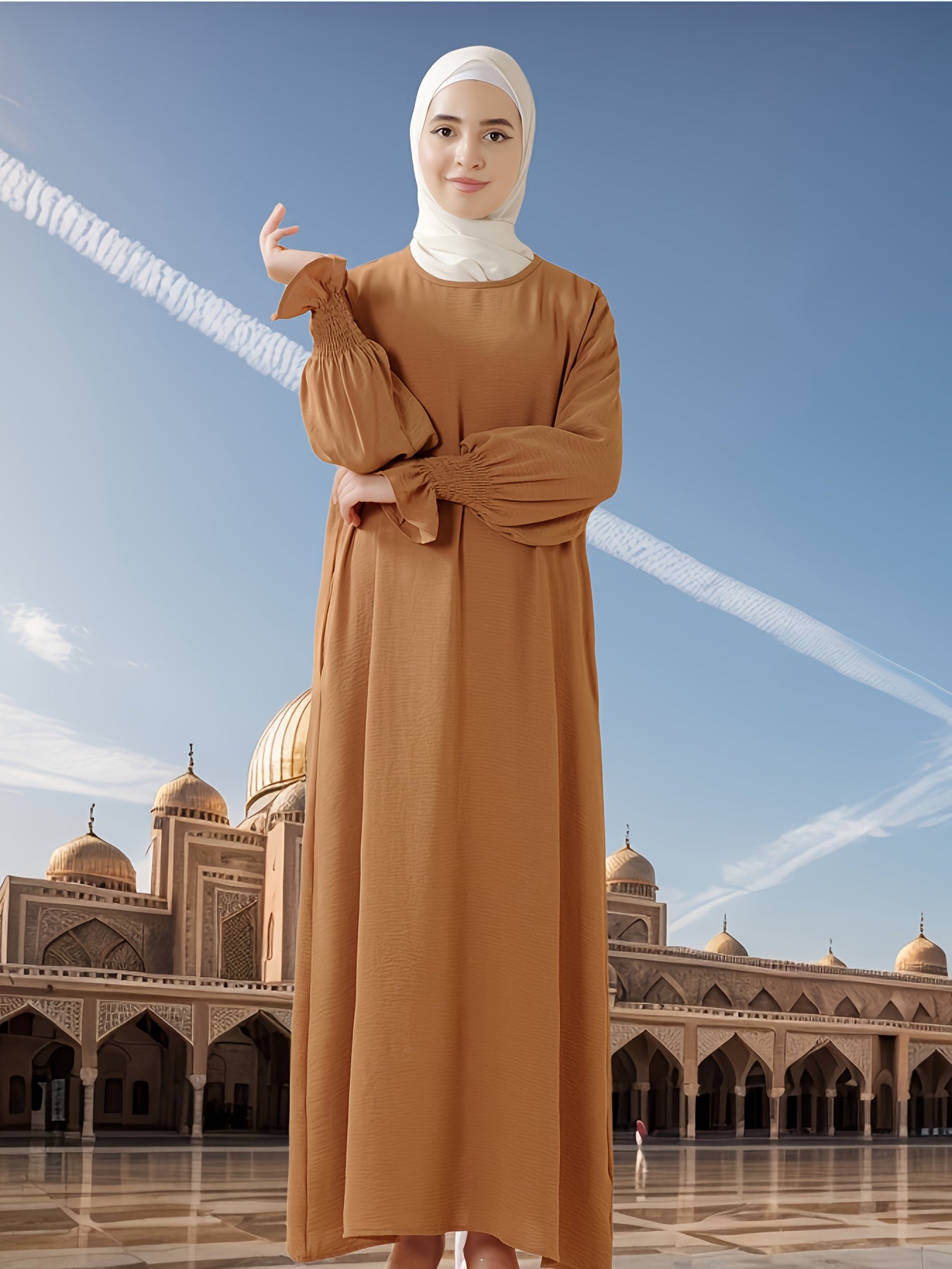 Elegant Long Chiffon Arabic Abaya with Elastic Sleeves - Solid Color, Flowing Design for Muslim Women, Perfect for Ramadan, Eid Al-Fitr, and Eid Al-Adha, Comfortable Spring & Summer Wear