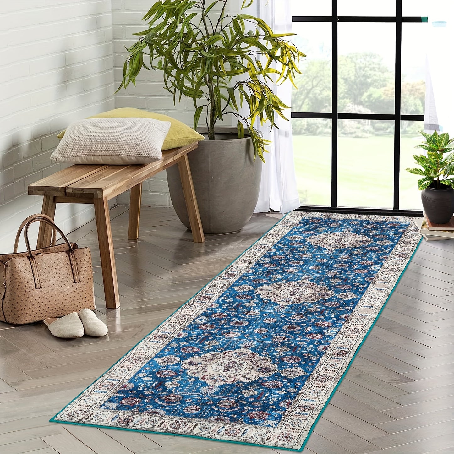 Machine Washable Runner Rug Boho Vintage Rug Non Slip Carpet For Bedroom Hallway Laundry Kitchen, Stain Resistant Dining Room Rugs Floral Oriental Entryway Rug Soft Living Room Rug, Blue