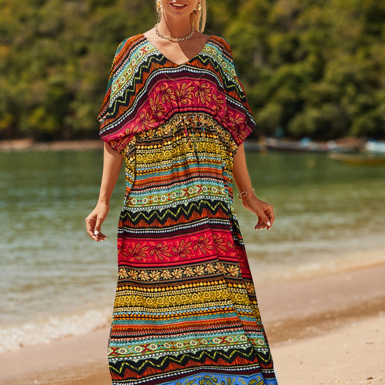 Boho Chic Arabic Dress - Monochrome Stripe Swimsuit Cover Up, Long Split Side Kaftan with V-Neck for Beach Wedding & Vacation