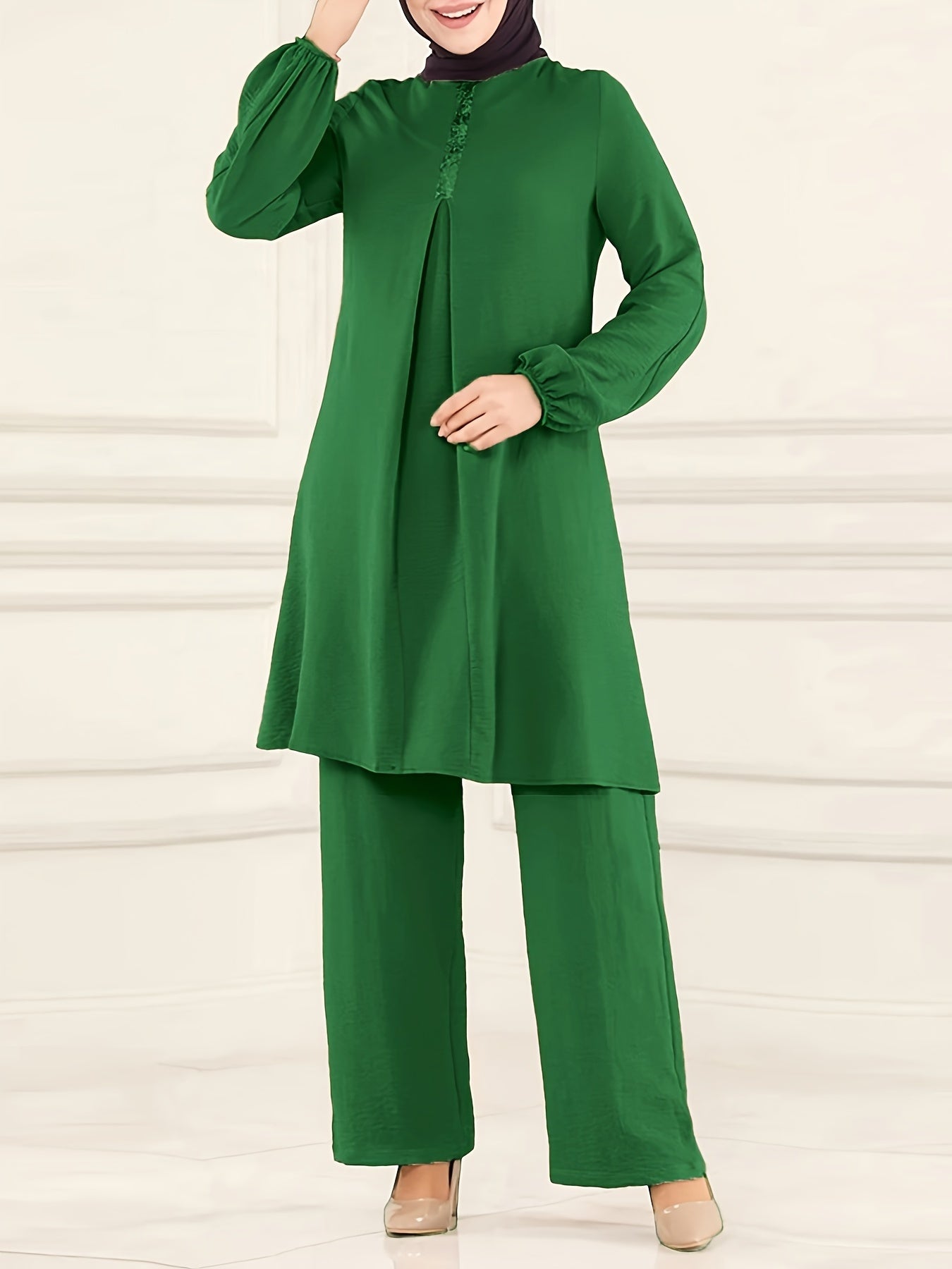 Ramadan Elegant Pure Muslim Two Piece Set, Long Sleeve Round Neck Top and straight-leg Pants Jilbaab Outfits, Women Clothing