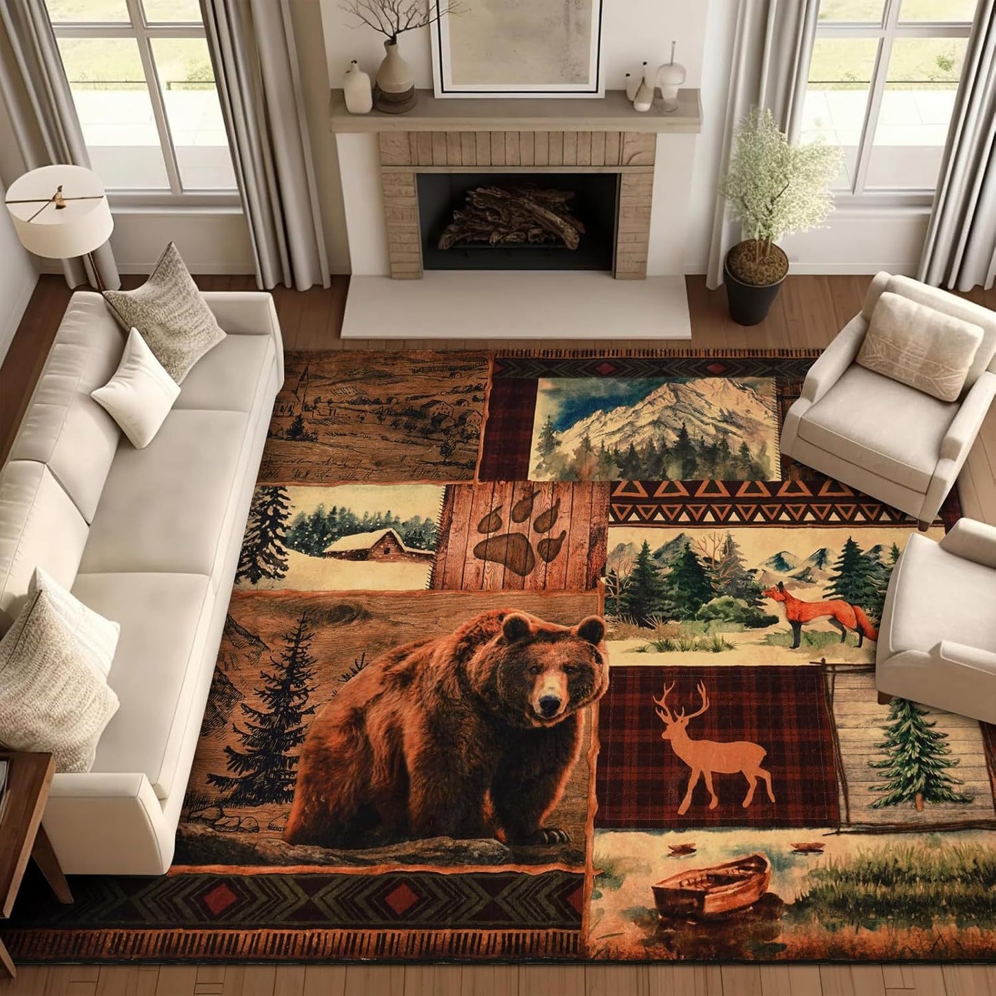 small house bear moose throwing carpet, area carpet in farmhouse style, used for living room and bedroom entrances, non slip washable soft brown floor carpet, retro rural wildlife home decoration area carpet