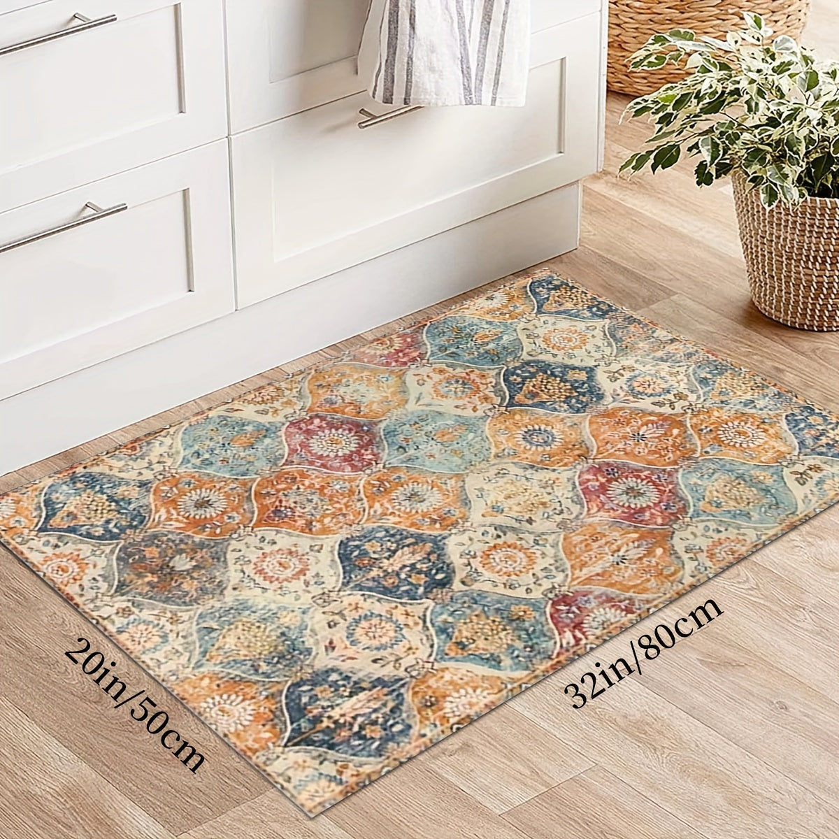 1pc Bohemian Moroccan Print - Decorative Rectangular Floor Mat with Braided Edges, 24"x16" & 30"x18", Non-Woven Fabric & Rubber Backing for Bathroom Kitchen Living Room, Bathroom Carpet
