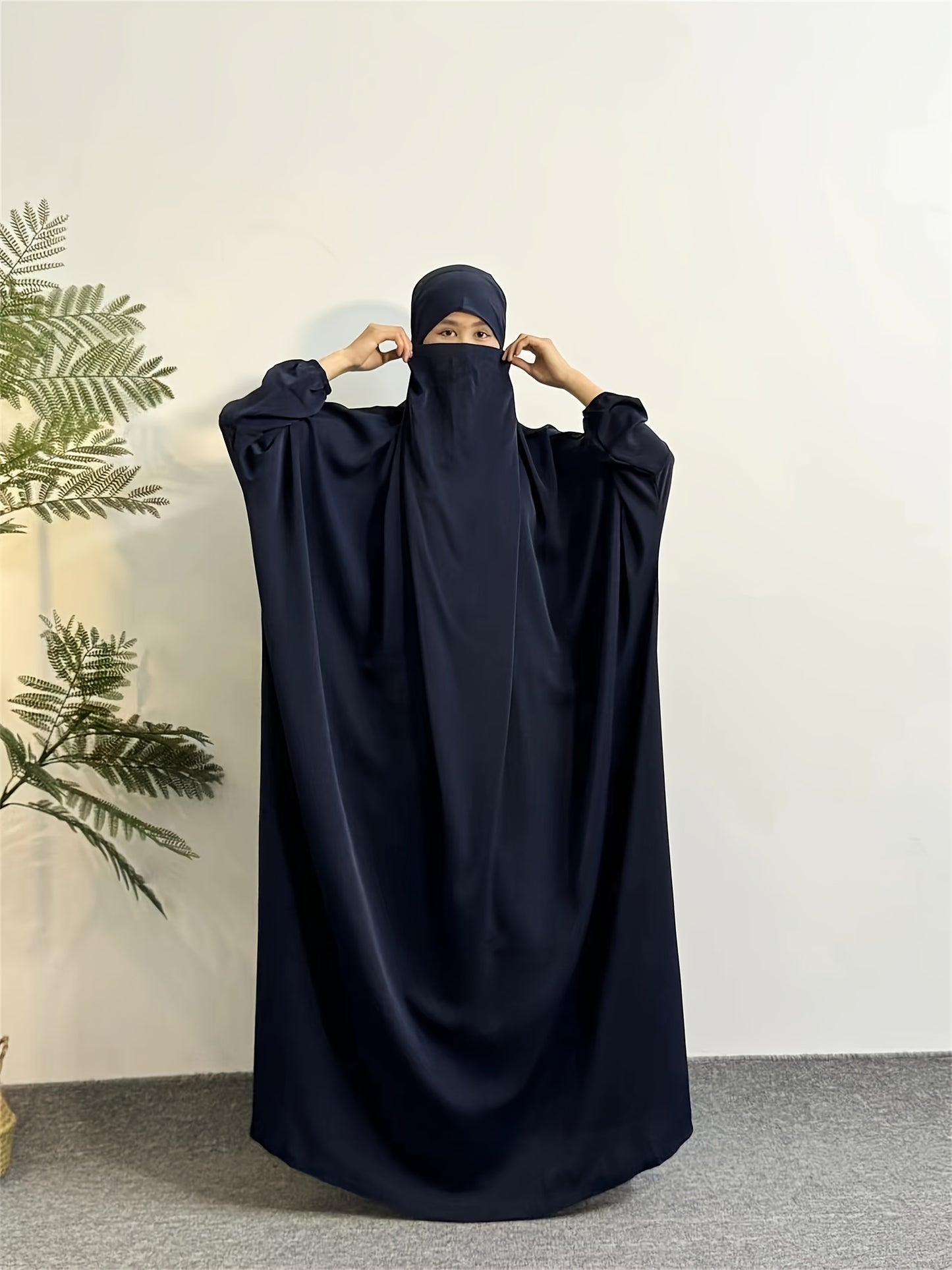 Elegant Black Hijab Dress for Women - Long Sleeve Smocked Abaya Kaftan with Hooded Prayer Abaya Burqa, Polyester Islamic Modest Clothing for Ramadan & Daily Wear