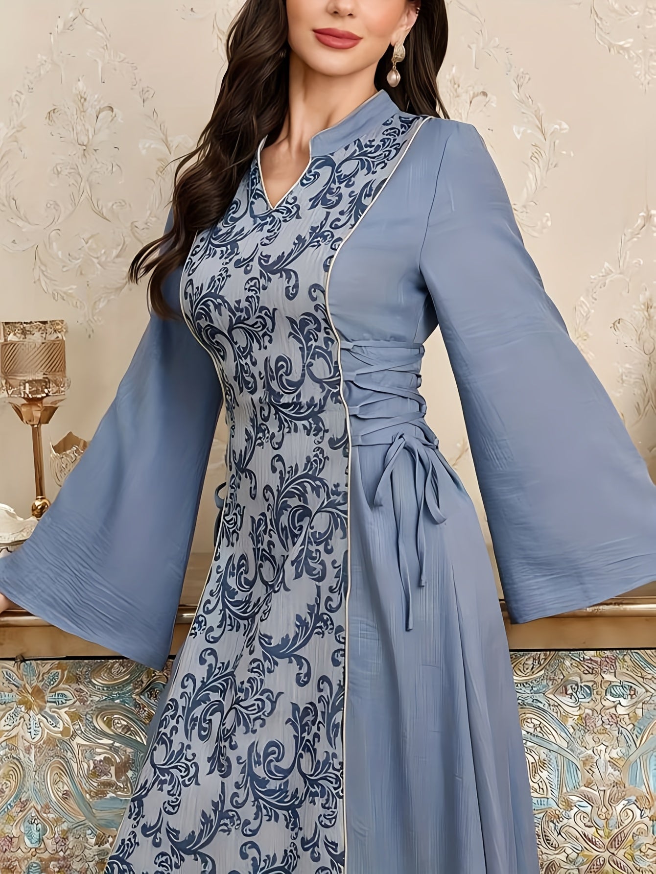 Elegant Middle Eastern-Inspired Women's Baju Abaya with Stand-Up Collar & Adjustable Waist Tie - Sleeve Solid Color Traditional Attire, Machine Washable for All-Season Wear