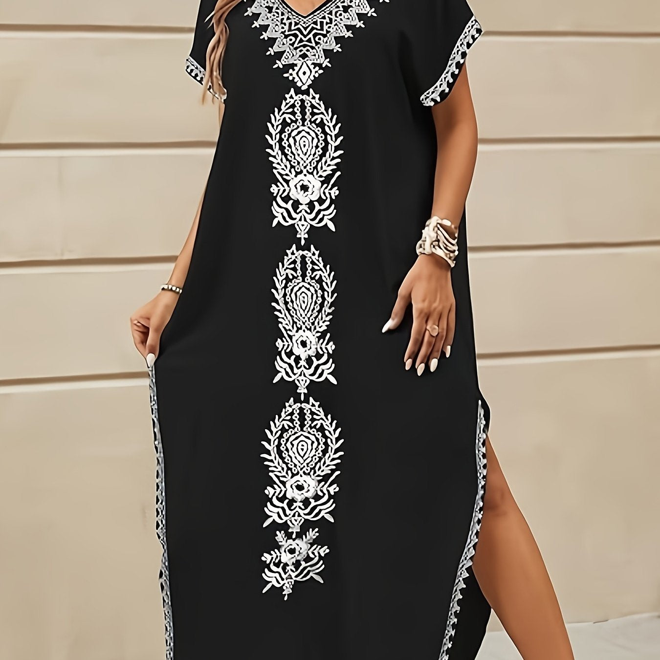 Embroidery Long Kaftans for Women Bathing Suit Cover Up V Neck Kaftan Loungewear Maxi Dresses Black