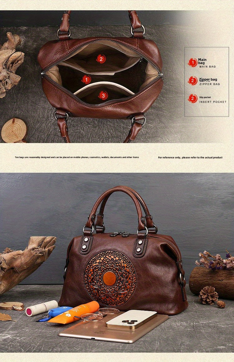 Women's Genuine Leather Satchel Business Handbag - Light Brown Geometric Retro Totem Design, Large Capacity Convertible Shoulder/Handbag with Adjustable Strap