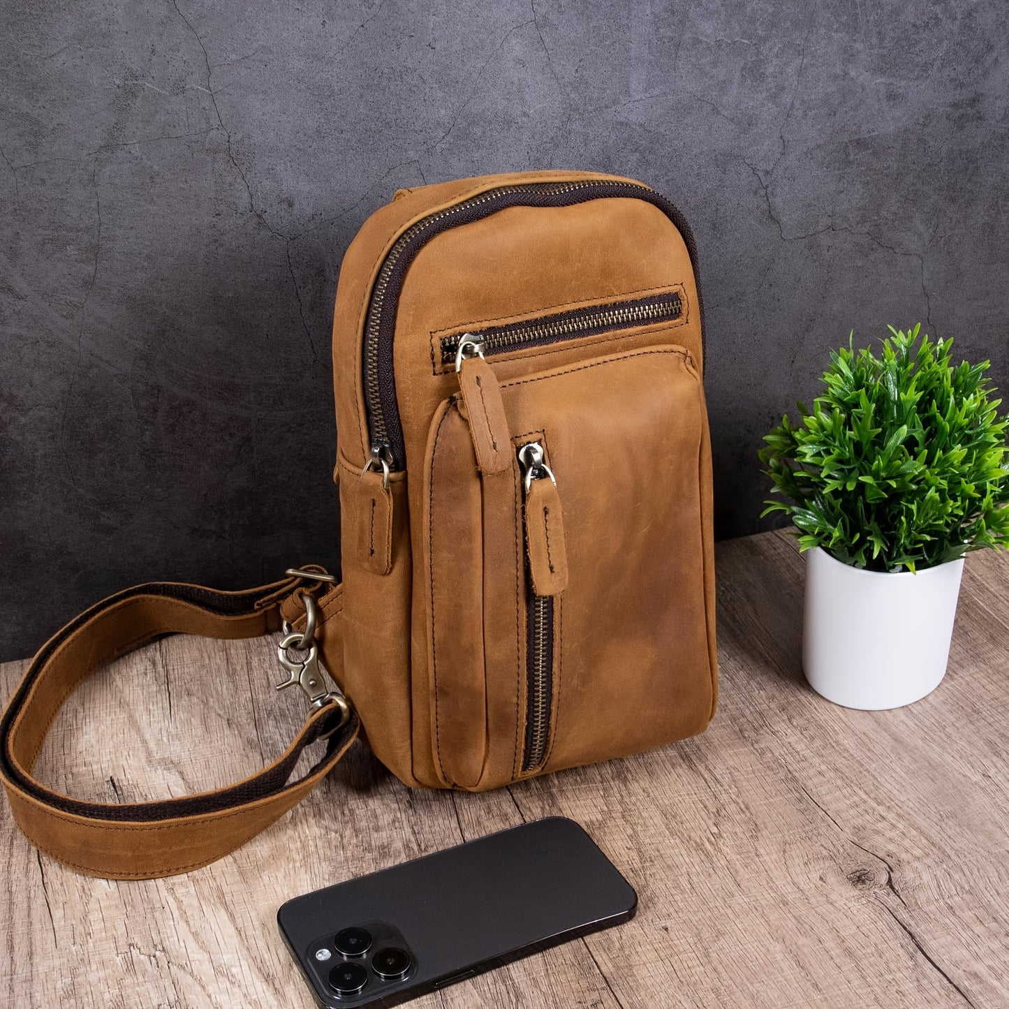 Men's Premium Crazy Horse Leather Sling Bag - Adjustable Crossbody Waist Pack with Multiple Compartments