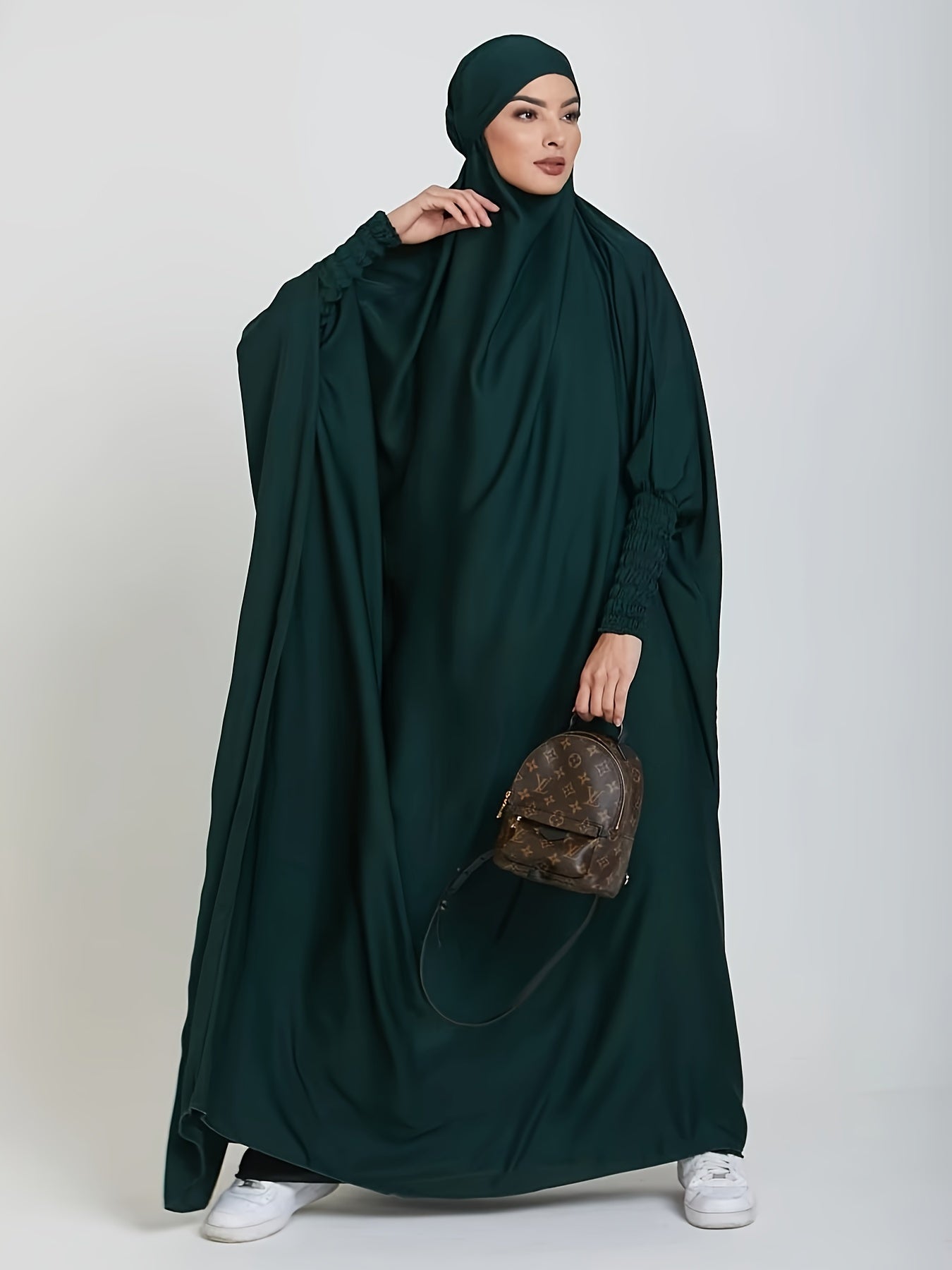 Long Sleeve Solid Color Jibab Abaya - Women's Traditional Arabian Polyester Robe with Tie Back, 95% Polyester 5% Elastane, 135g/m² - Muslim Nida Hijab Dress