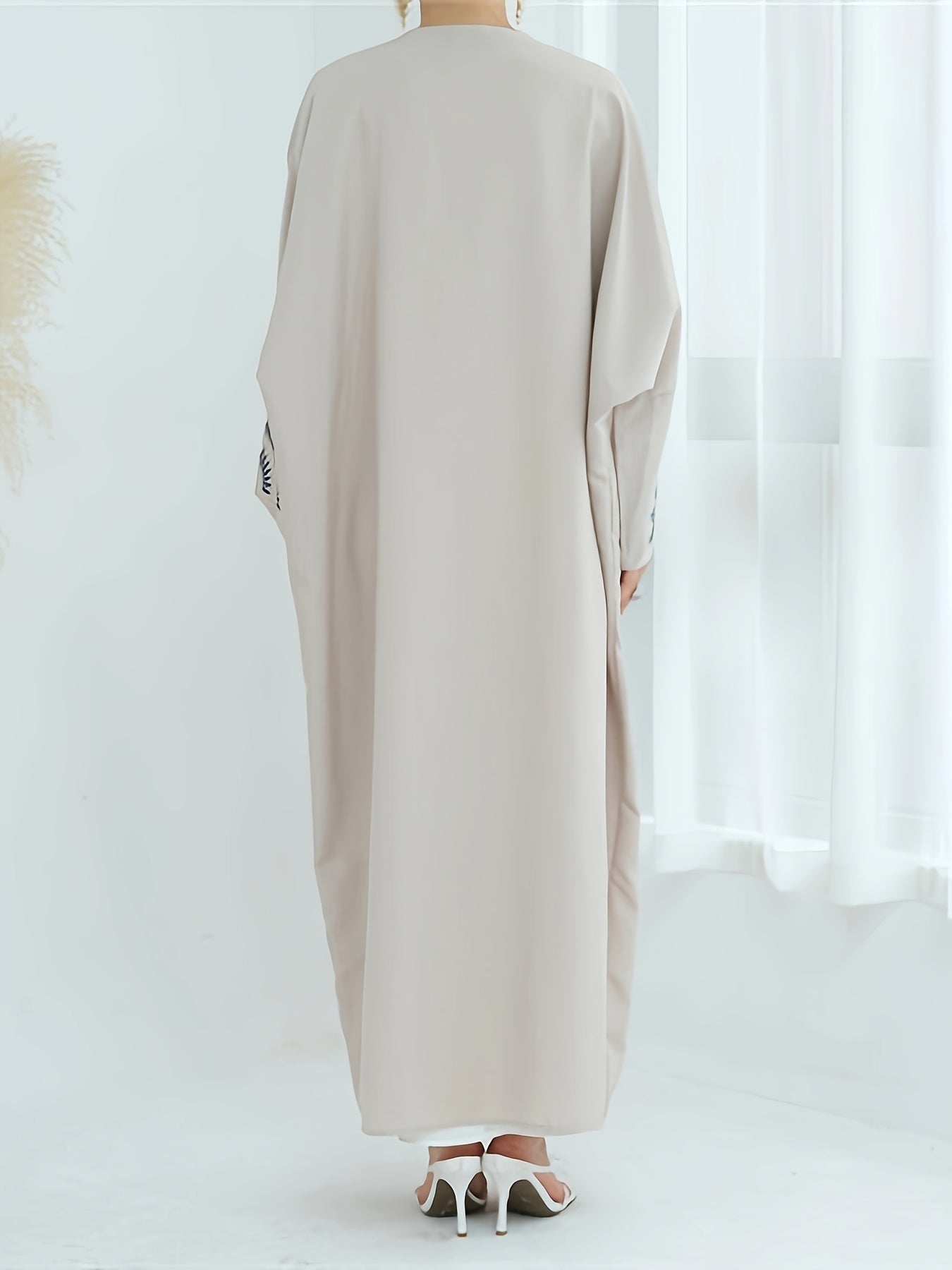 Elegant Beige Kimono Abaya - Open Front Linen-Look Polyester Dress for Women, Long Sleeve with Contrast Trim, All-Season Islamic Wear (Sizes S to XXL), Modest Clothing