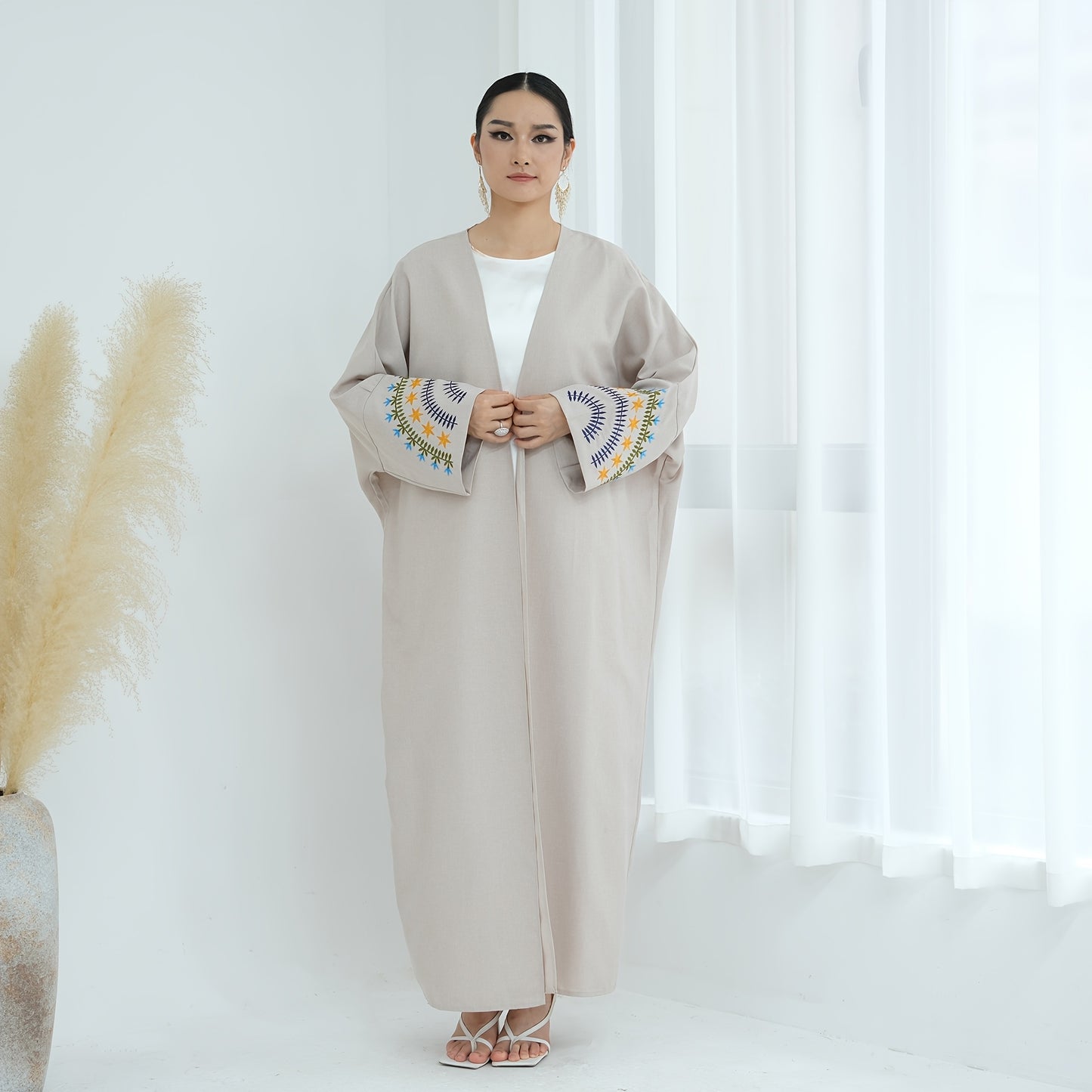 Elegant Beige Kimono Abaya - Open Front Linen-Look Polyester Dress for Women, Long Sleeve with Contrast Trim, All-Season Islamic Wear (Sizes S to XXL), Modest Clothing