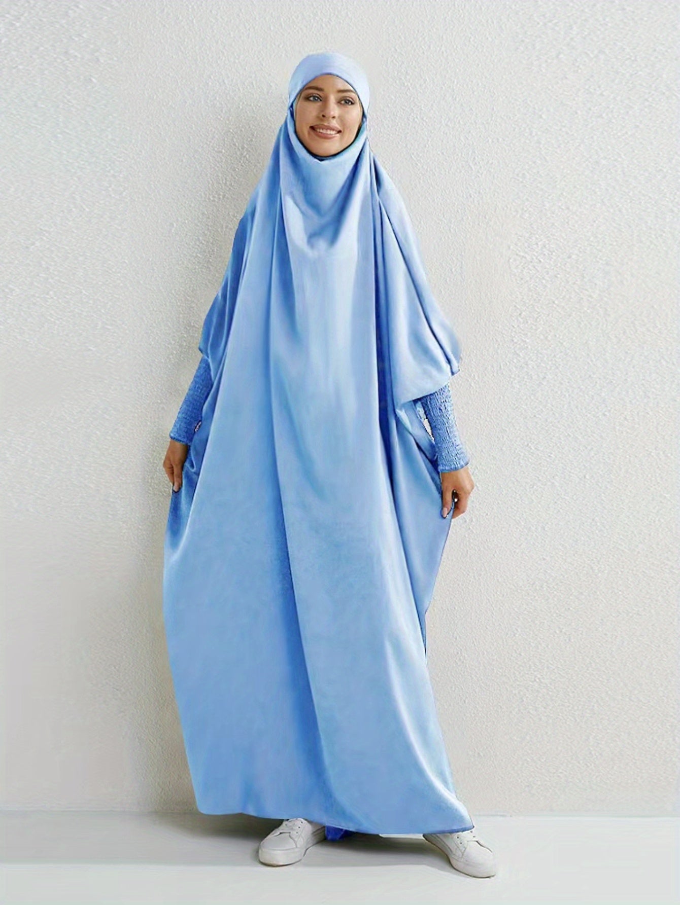 Elegant Loose-Fit Abaya Robe with Built-In Headscarf - Modest Ramadan Prayer Dress, Long Sleeve Butterfly Cuff Traditional Middle Eastern Full-Length Cover Dress, Solid Color Machine Washable, Religious Attire, Allseason Wear
