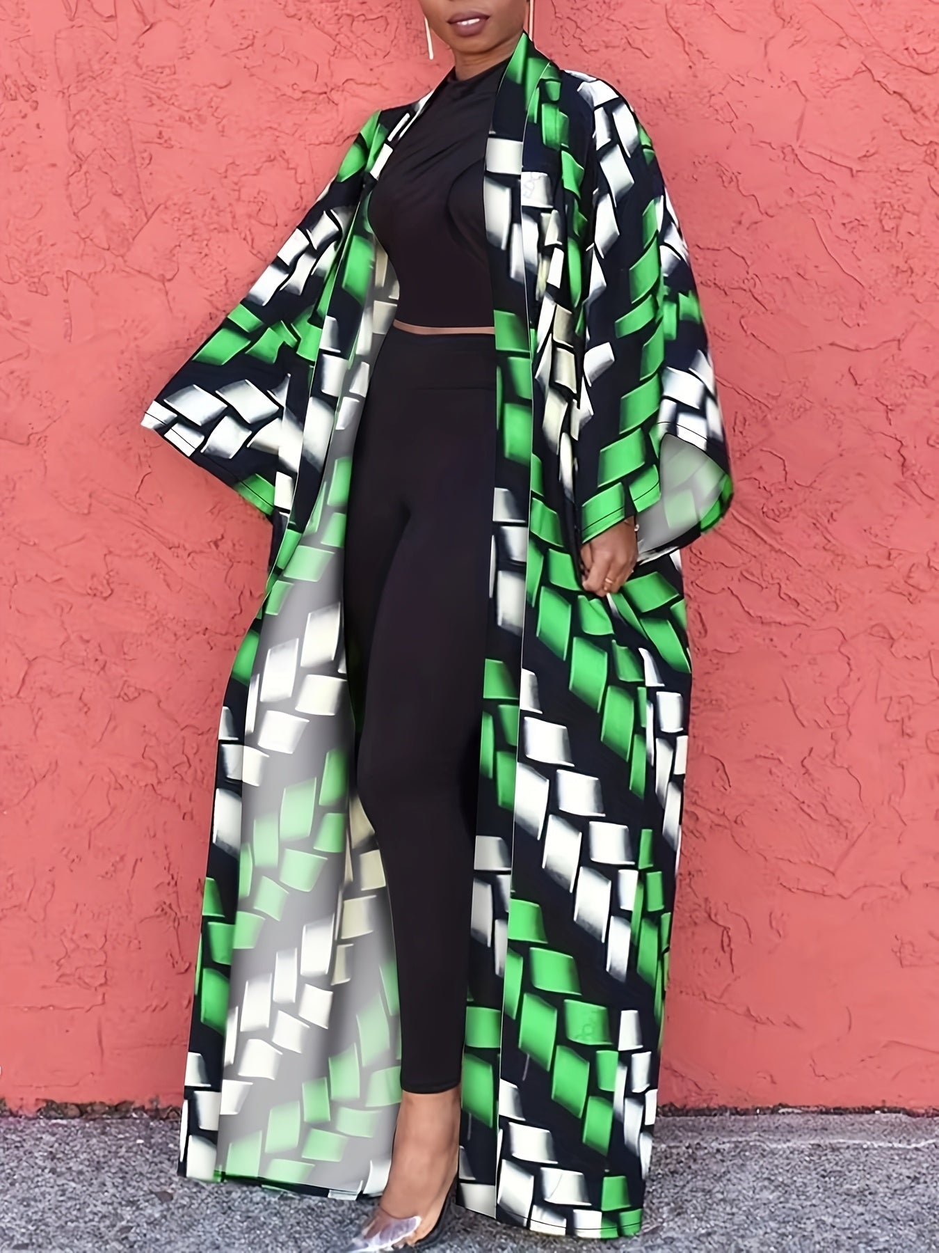 Chic Plus Size Open Front Kimono Abaya Cardigan - Casual & Versatile, Machine Washable, Polyester Blend with Elastane, Elegant Print Design