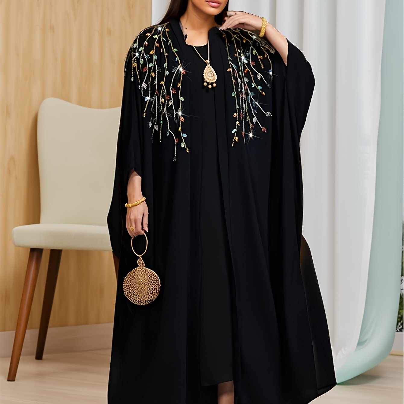 1pc Women's Black A-Line Abaya Dress with Sparkling Rhinestone Embellishments - Loose Fit Long Sleeve Elegant Party & Formal Wear for Birthdays, Weddings, Galas, Dresses for Party, Wedding Guest Attire, Flowy Fabric Gown, Nont