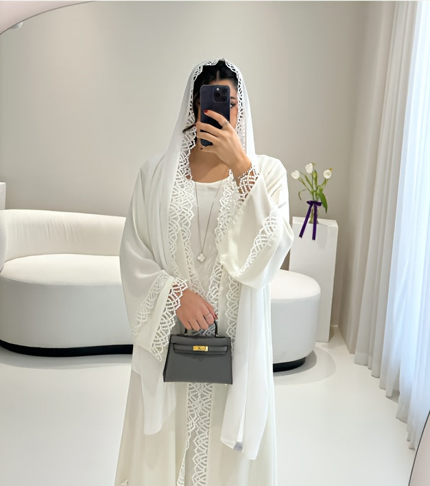 2pcs Muslim Kaftan Abaya Set with Lace Trim | Plus Sleeveless Vest Skirt, Headscarf, for Ramada