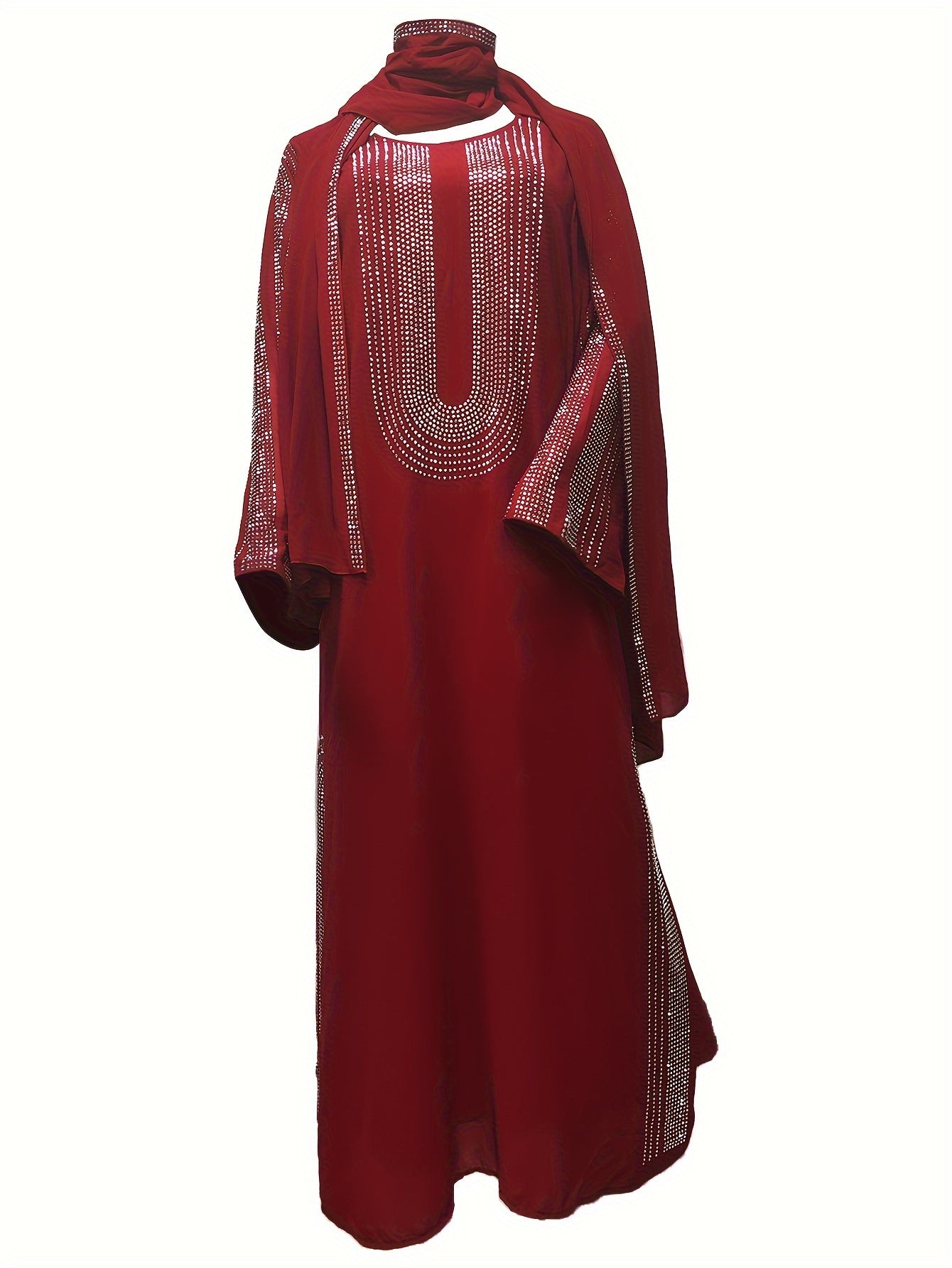 Elegant Tribal Pattern Polyester Modern Abaya, 100% Polyester Woven Dress, Rhinestone Embellished, Versatile for Home & Commute, Spring/Summer/Fall Collection