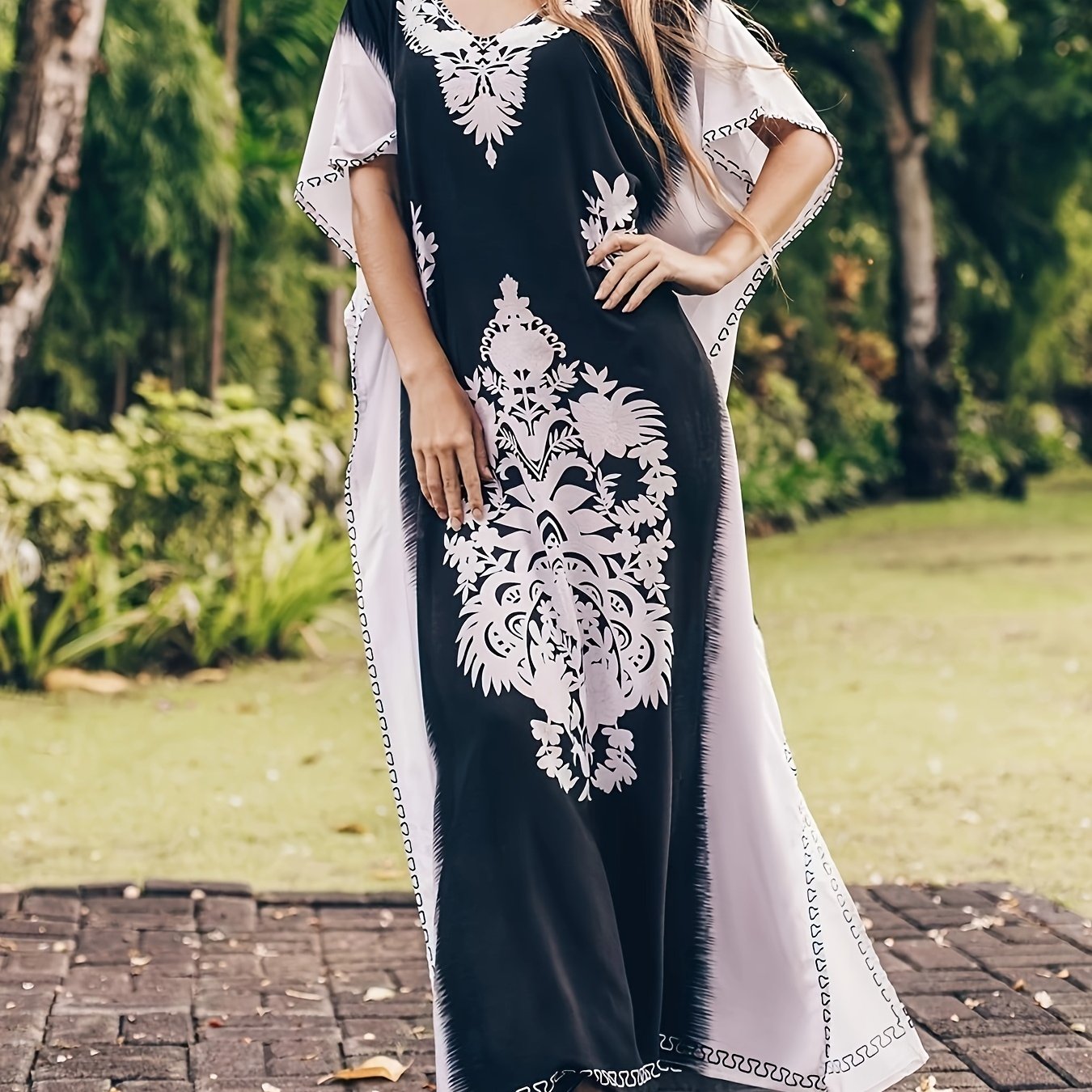Women's Summer Floral Print Swimsuit Cover Up, Casual V-Neck Half Sleeve Midi Kaftan Beach Dress, Polyester Spandex Blend, Loose Fit with Side Split