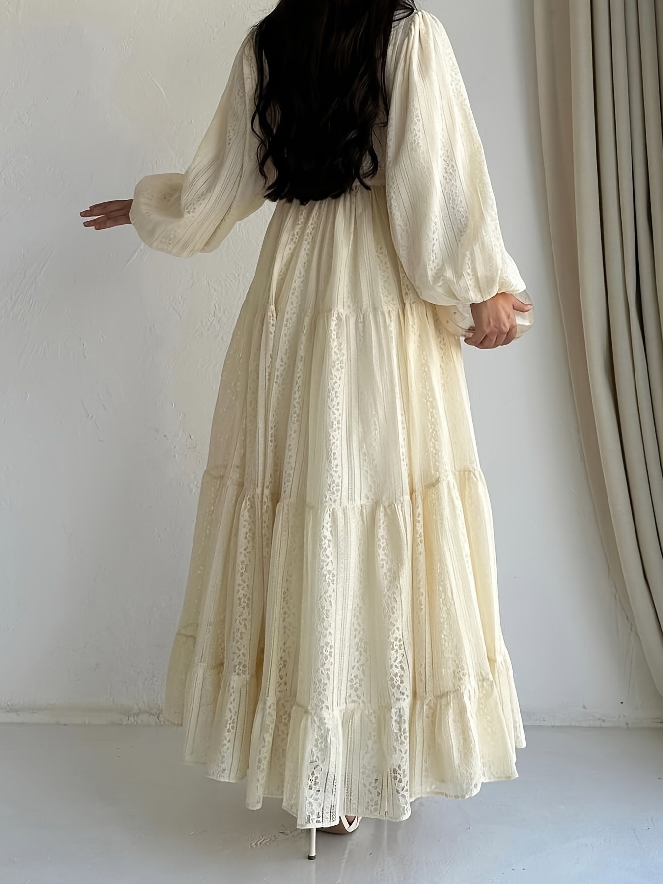 Elegant Women's Palestinian Abaya Dress | Long Sleeve, Floor-Length, Machine Washable, Modest Traditional Robe with Lace Overlay - Casual & Formal Wear, Allseason Outfit