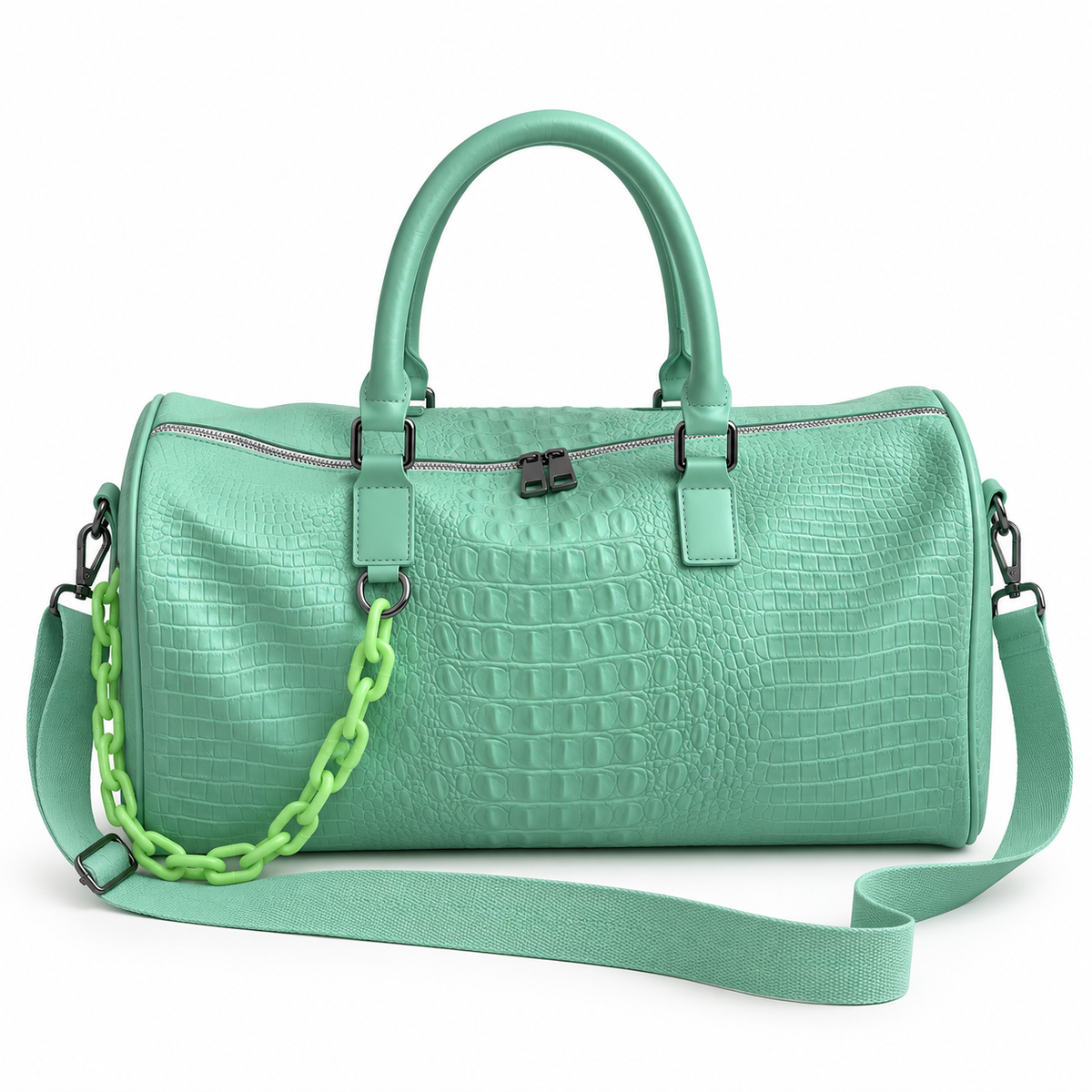 Mint Green Crocodile Embossed Leather Duffel