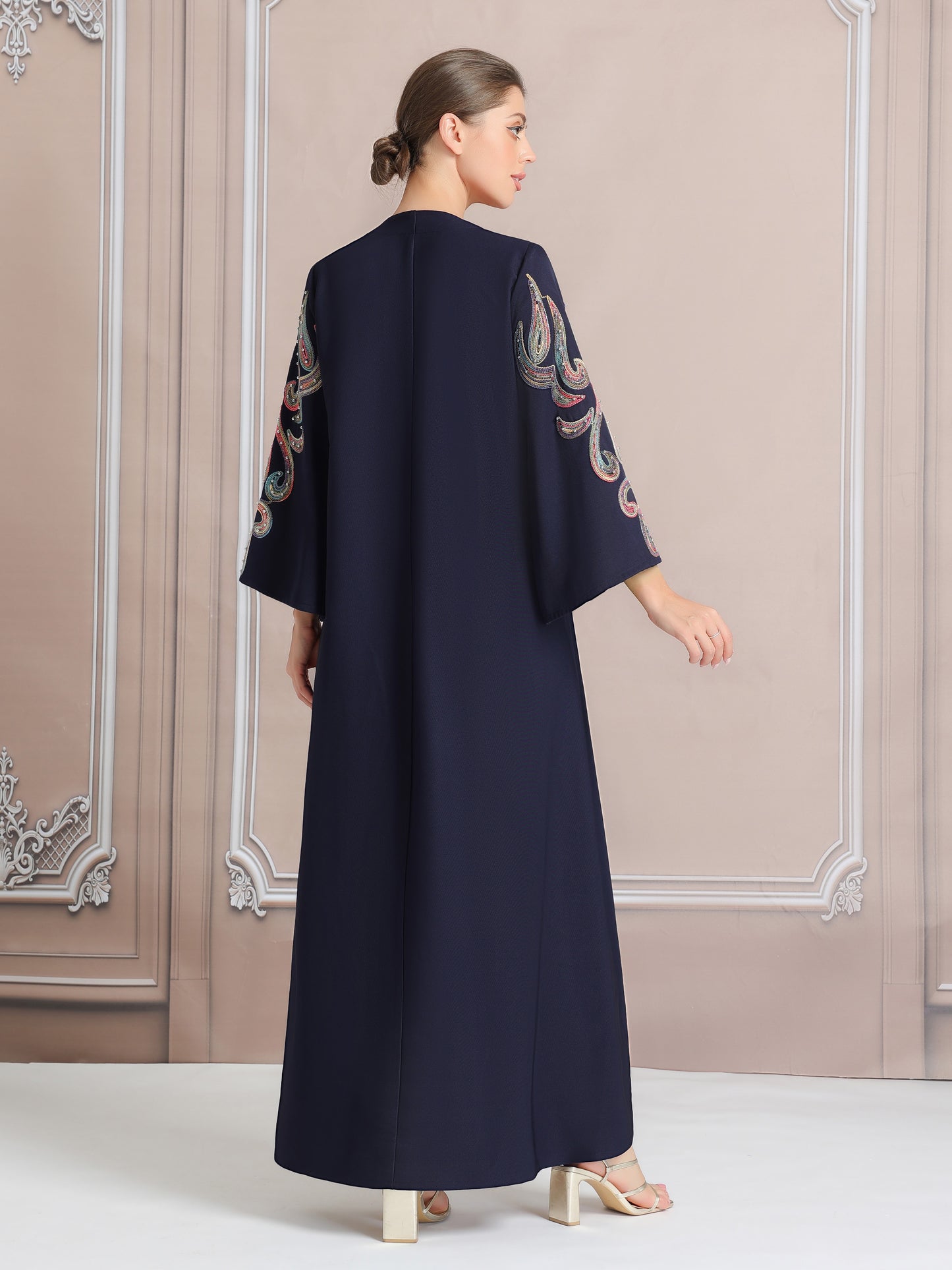 Women's Elegant Embroidered Kaftan Abaya, Long Sleeve Polyester 100% Regular Fit, Solid Color with Pearl Details, All Season Versatile Dress, No Belt, Woven Fabric