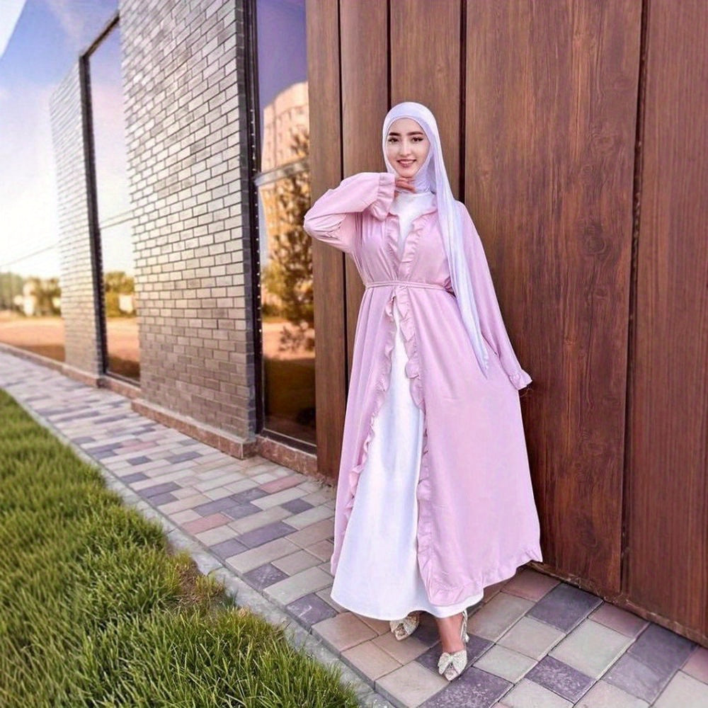 Women's Elegant Arabic Abaya Robe - Lightweight Breathable Loose Fit Long Sleeve Arabic Dress with Belt, Solid Color Machine Washable All-Season Casual & Formal Wear