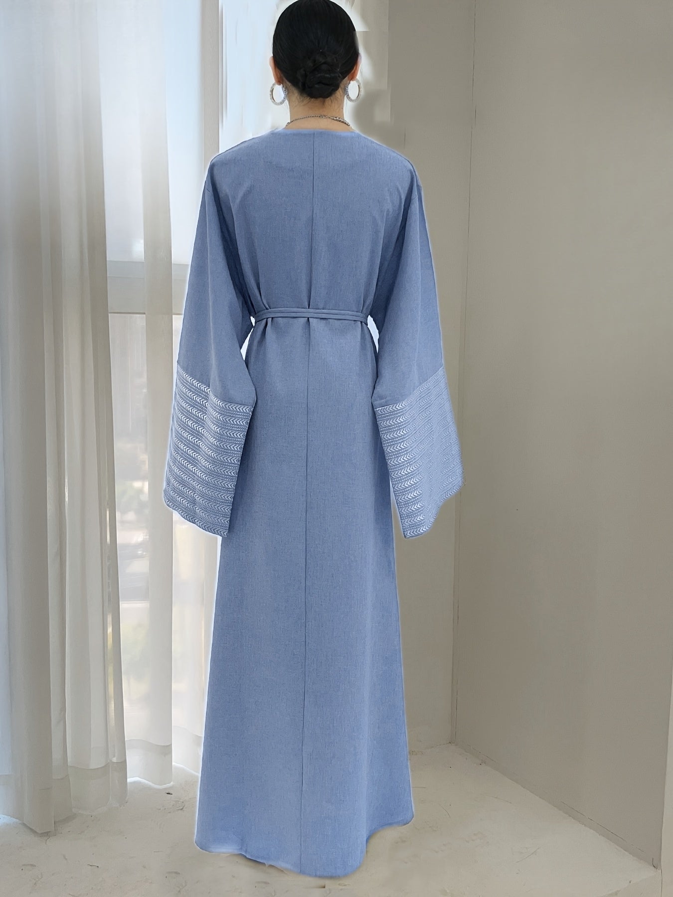 Women's Kaftan Dress Patchwork Floral Print Arabic Abaya Robe Long Sleeve Round Neck Loose Dress