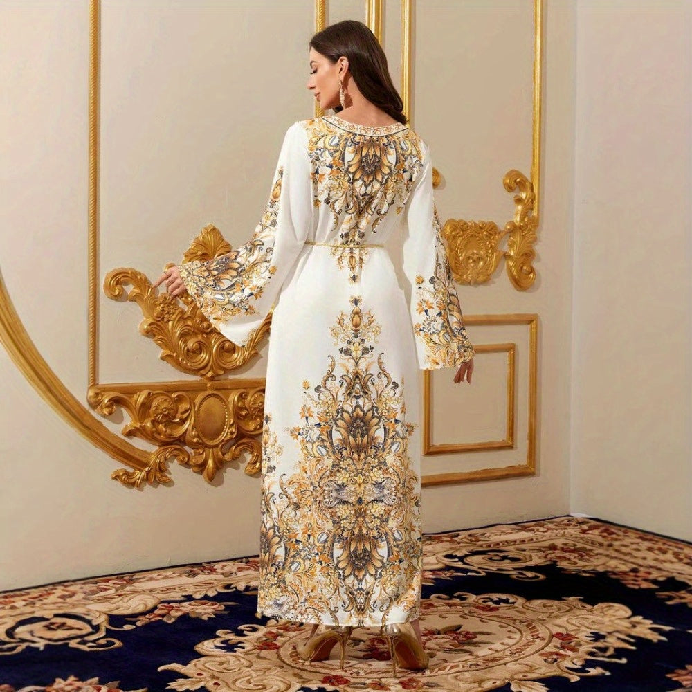 Women's Elegant Middle Eastern Dubai Baju Abaya Dress - Luxurious Golden Floral Print & Lace-like Sleeve Design, Floor-Length Evening Gown with Modest Coverage for Weddings