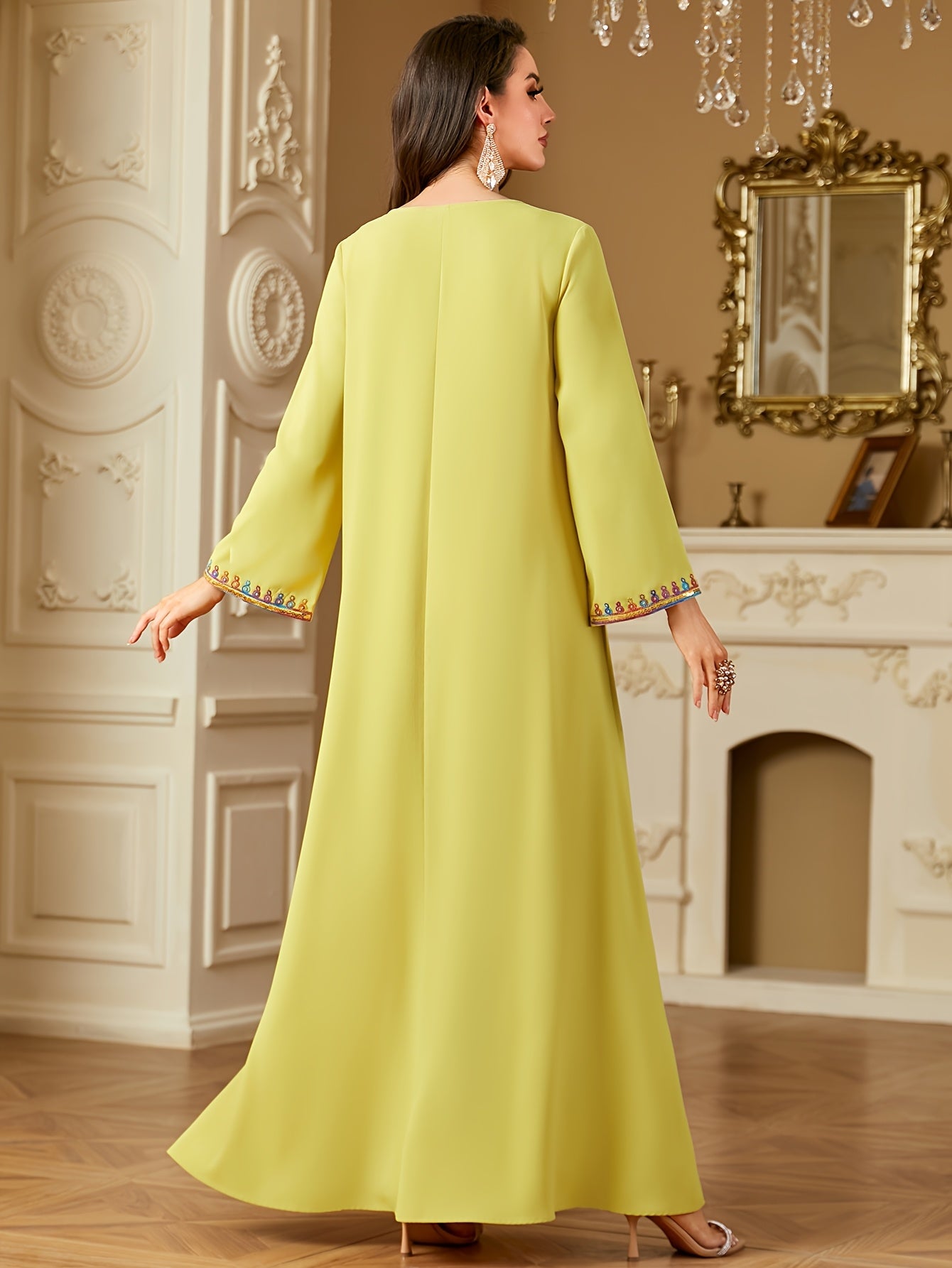 Elegant V-Neck Long Sleeve Kaftan Abaya with Sequin Detail - Polyester, Non-Stretch, Regular Fit for All Seasons