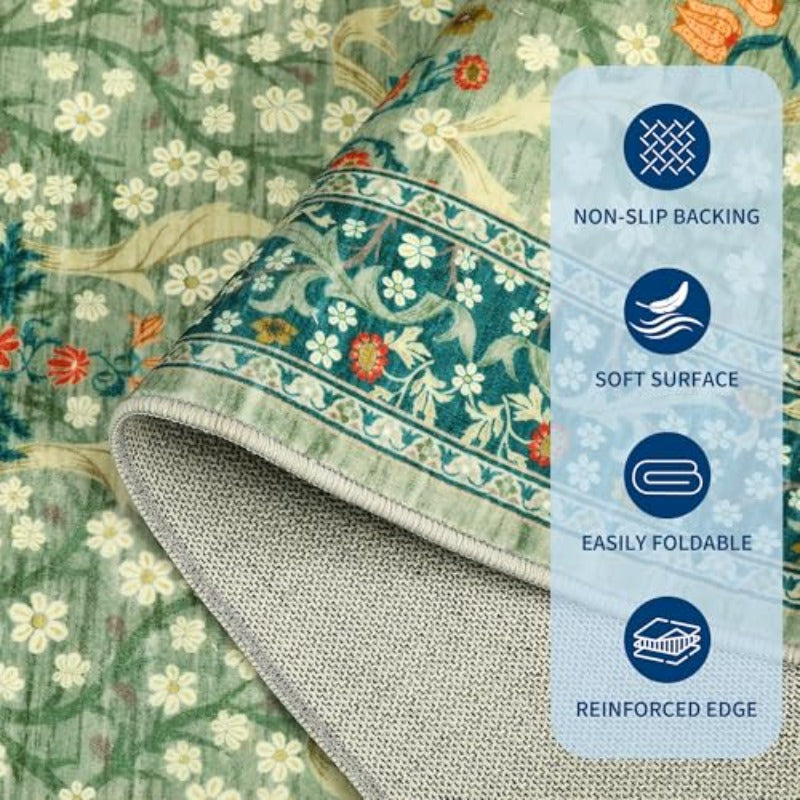 Floral Area Rugs, Sage Green Washable Rug for Living Room Bedroom Low Pile Non Slip Stain Resistance Indoor Boho Arabian Carpet Mat for Farmhouse Dining Room Office
