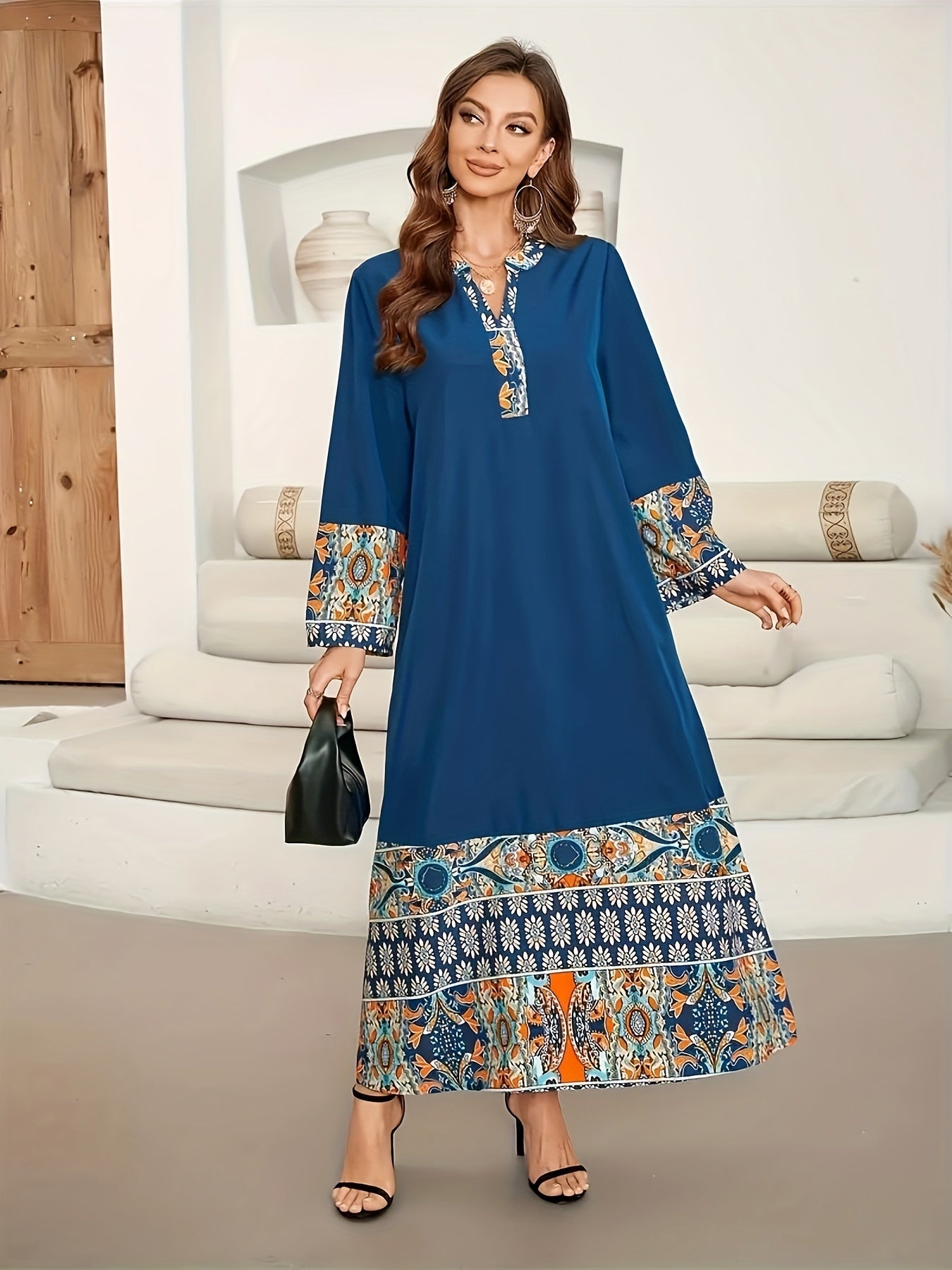 Elegant Muslim Kaftan Abaya Dress | Middle Eastern-Inspired Ethnic Floral Print with Blue/Orange/White/Black, Asymmetrical Hem & Lace Trim, X-Line Silhouette, Adjustable Waist Tie for Modest Women