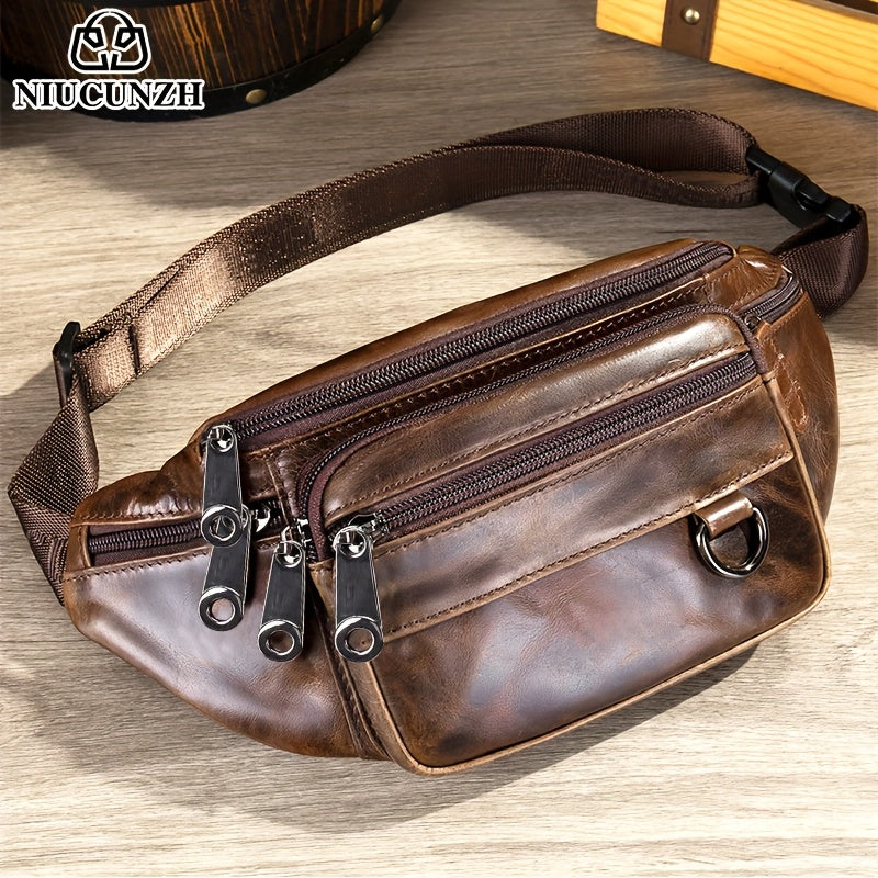 Men's Genuine Leather Sling Bag Crossbody - Lightweight Minimalist design with Multiple Zippered Compartments - Everyday Essentials Organizer for Phone, Wallet, Keys