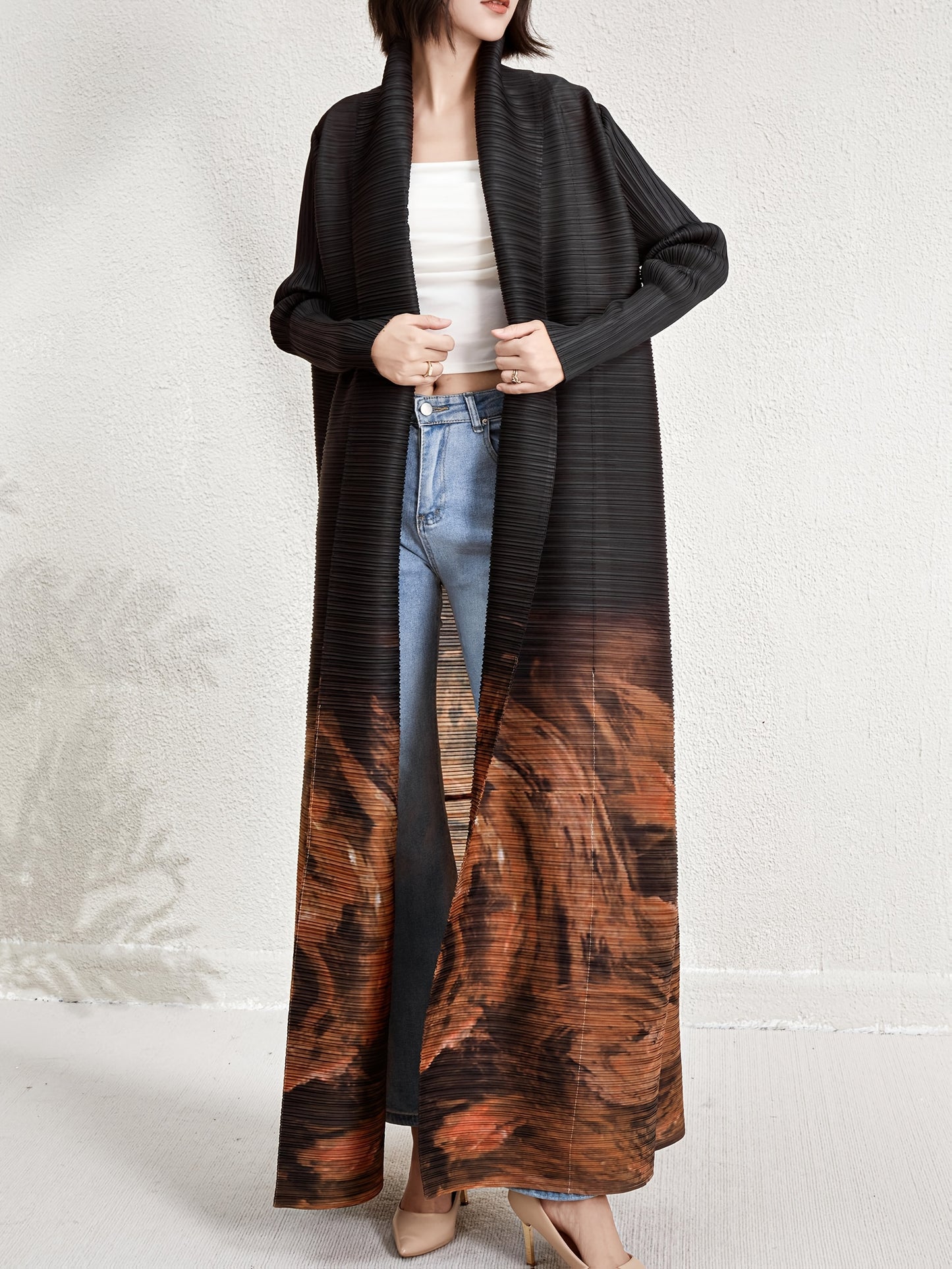 Elegant Middle Eastern Dubai Vacation Abaya Robe - Plus Size Loose Fit Pleated Geometric Print Open Front Cardigan Dress, High Elasticity Machine Washable Long Sleeve Belted