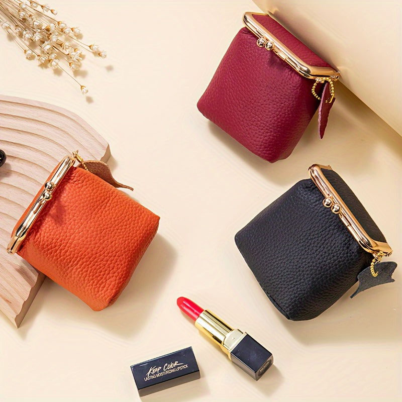 Vintage Genuine Leather Mini Bag Organizer with Secure Kiss Lock - Spacious Coin Purse, Key Holder, Earphone & Lipstick Case, Multi-Purpose Travel Cosmetic Pouch