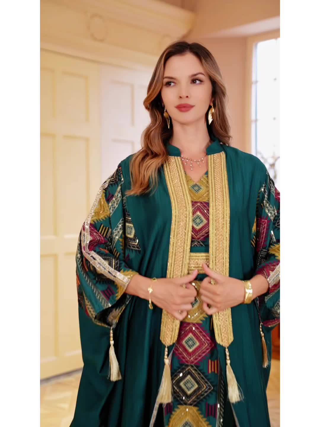 Elegant Middle Eastern Muslim Two-Piece Set - Stylish and Comfortable Design, Perfect for Daily Wear, INS Middle Eastern Pakistani Abaya Muslim Embroidered Long Robe Abaya Light Luxury