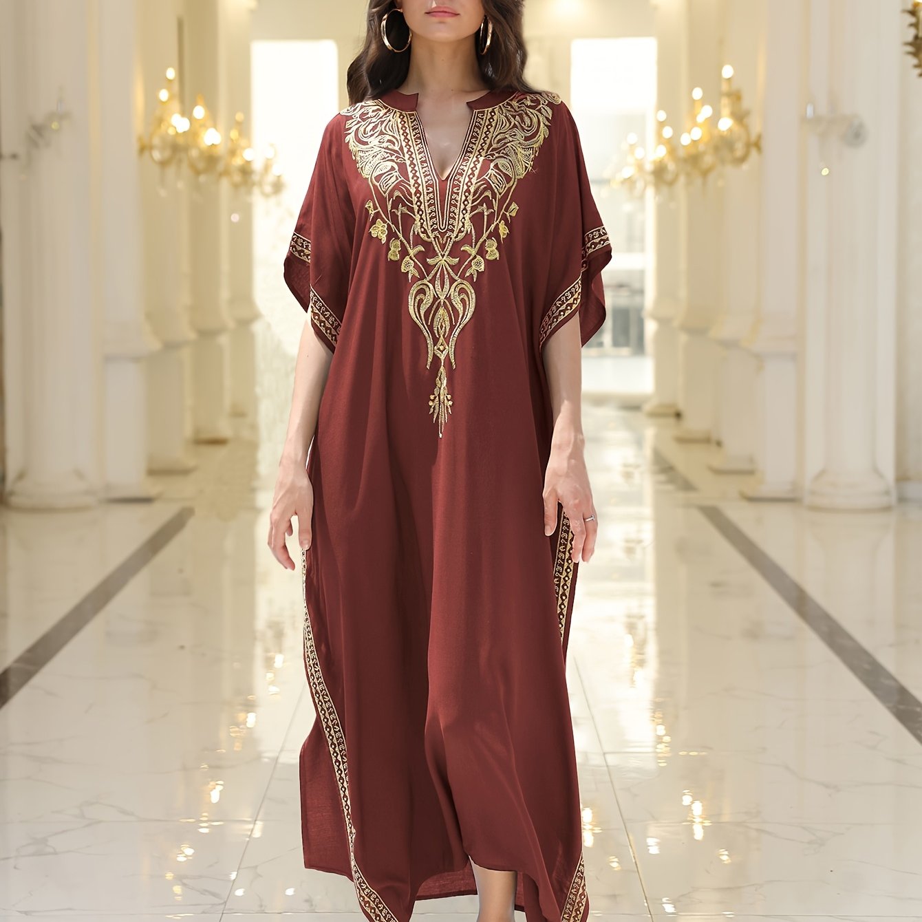 Long Robe Golden Embroidered Vacation Robe Kaftan Dress V-neck Beach Cover Shirt Kaftan