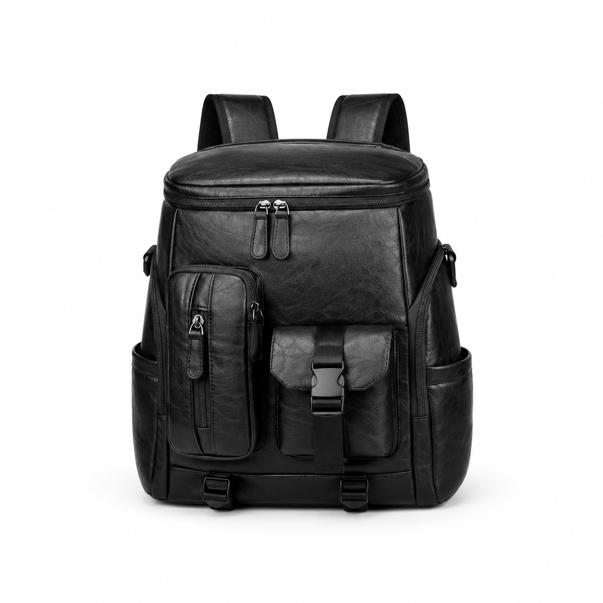 Black Multi-Pocket Leather Travel Backpack