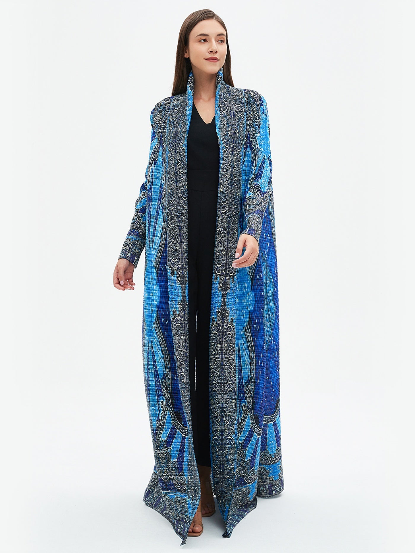 2025 Summer New Miyake-Style Kaftan Abaya, Long Sleeve, High-Elasticity Polyester Dress with Geometric Print, Belted Waist Design - Versatile for Daily Commute & Formal Occasions