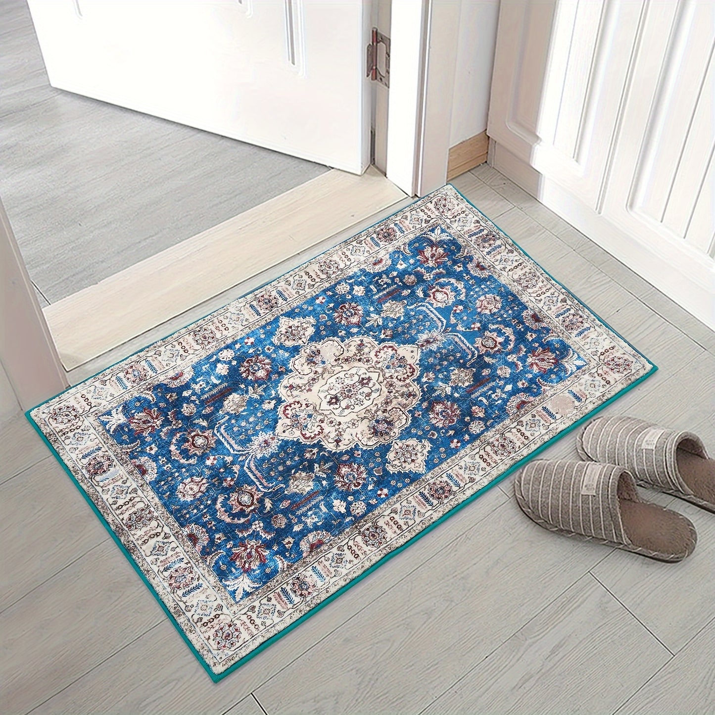 Machine Washable Runner Rug Boho Vintage Rug Non Slip Carpet For Bedroom Hallway Laundry Kitchen, Stain Resistant Dining Room Rugs Floral Oriental Entryway Rug Soft Living Room Rug, Blue