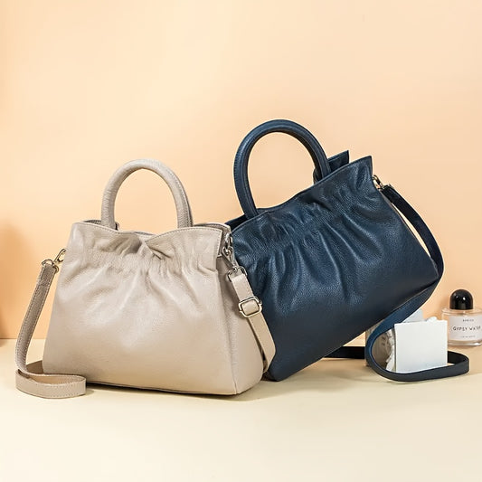 Genuine Leather Women's Tote & Crossbody Bag - Elegant Pleated Ruffle Design, Detachable Shoulder Strap, Beige & Navy Blue, Large Capacity Zipper Closure