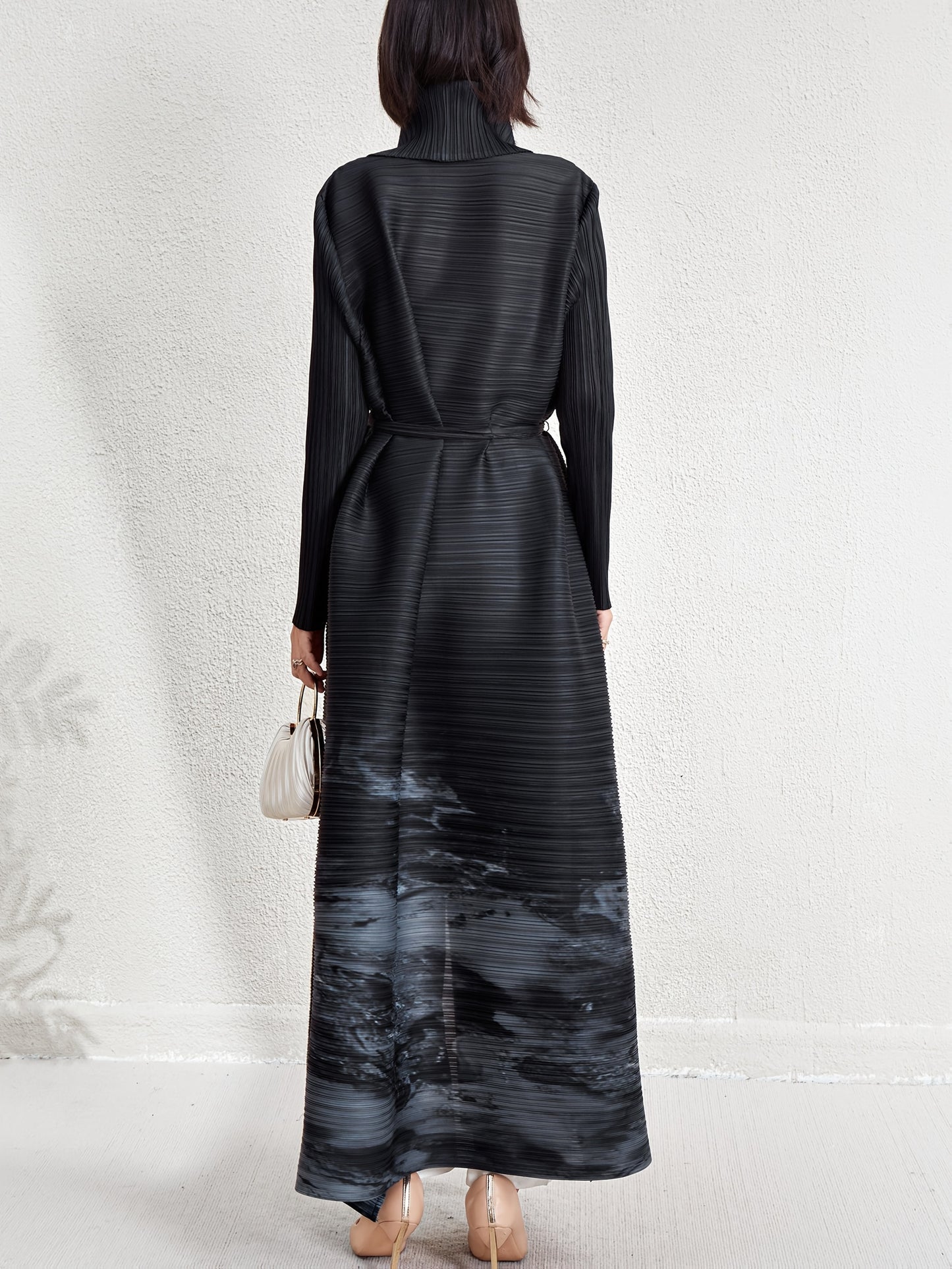 Elegant Dubai Muslim Abaya Cardigan Dress - High Elasticity Striped Pleated Long Robe with Adjustable Waist, Lightweight Comfort for Eid, Travel & Work | Spring Summer Fall A-Line Loose Fit Machine Washable, Modest Fashion, F