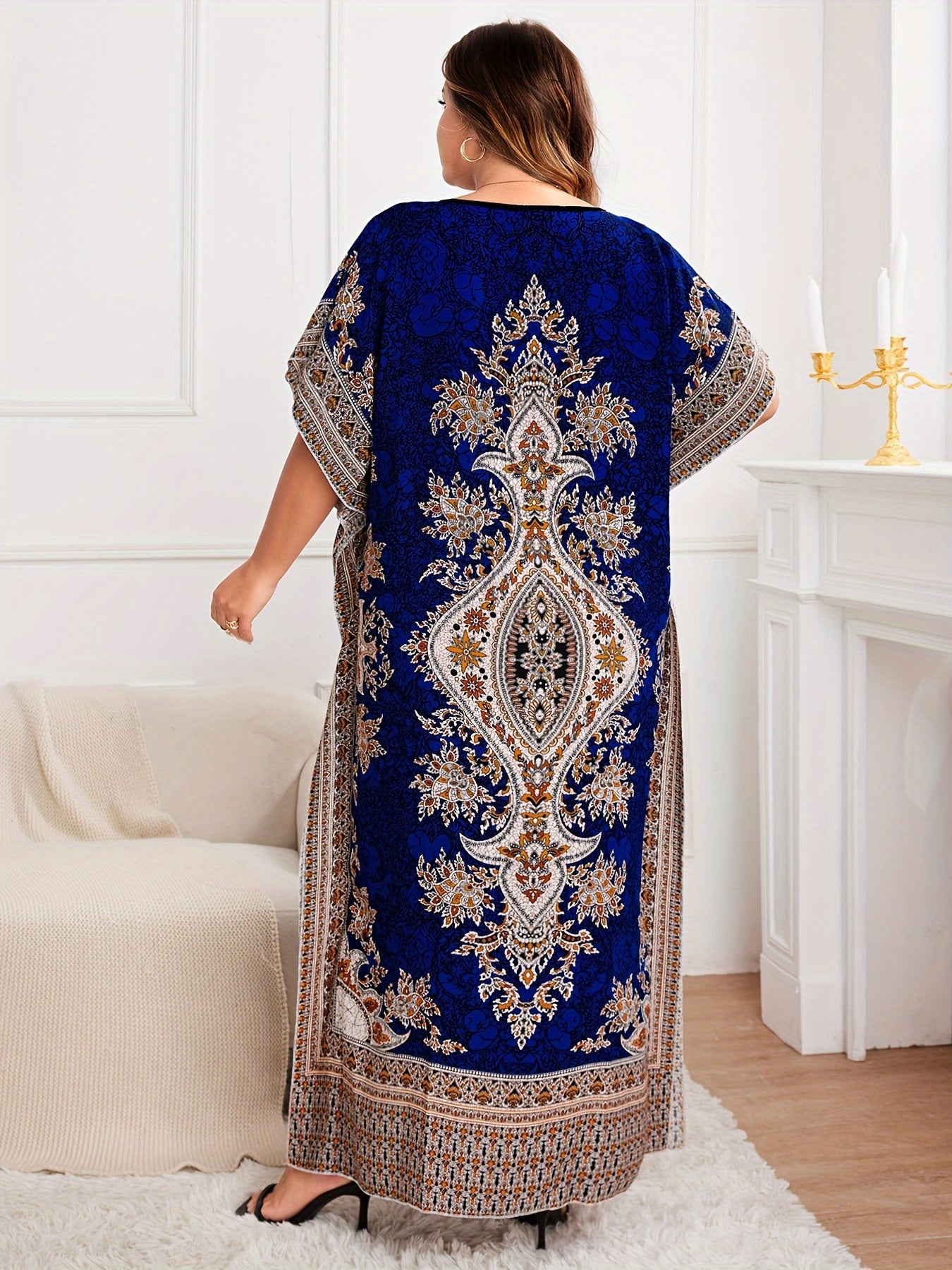 Plus Size, European and American Plus Size Women's Bohemian Vacation Dress with Middle Eastern Kaftan Abaya Style